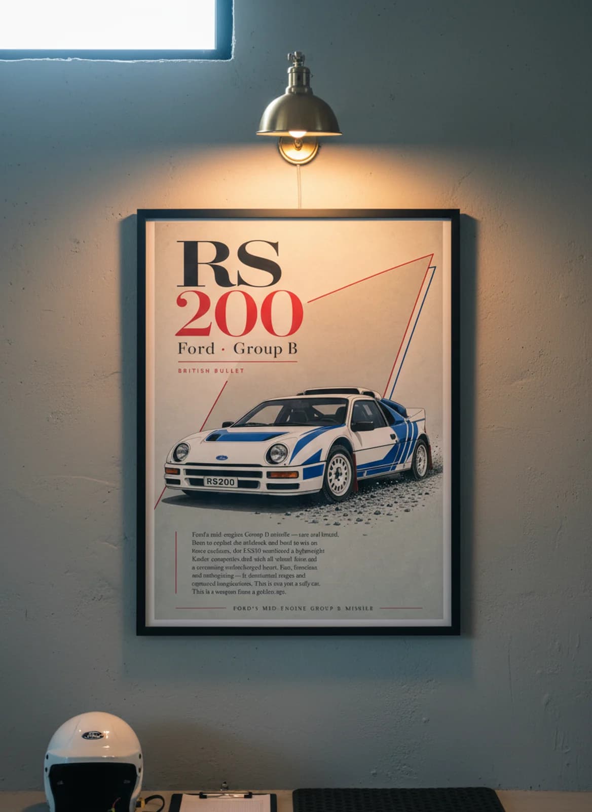 RS200 Group B rally print in black A2 frame on off-white-newsprint warm-graphite wall — Group B WEC mockup