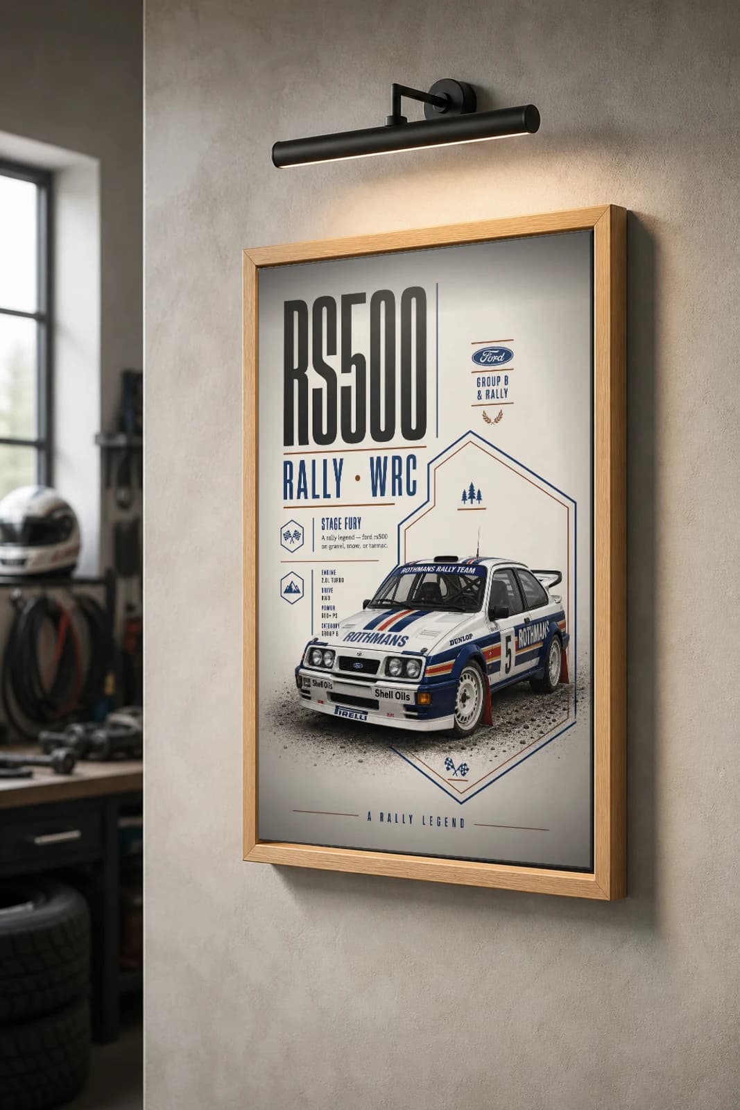 Ford Sierra RS500 Cosworth Poster — 1987 Group B / WRC Rally Wall Art · framed A2 — the framed print shown at a three-quarter angle on a styled gallery wall in a natural-oak frame