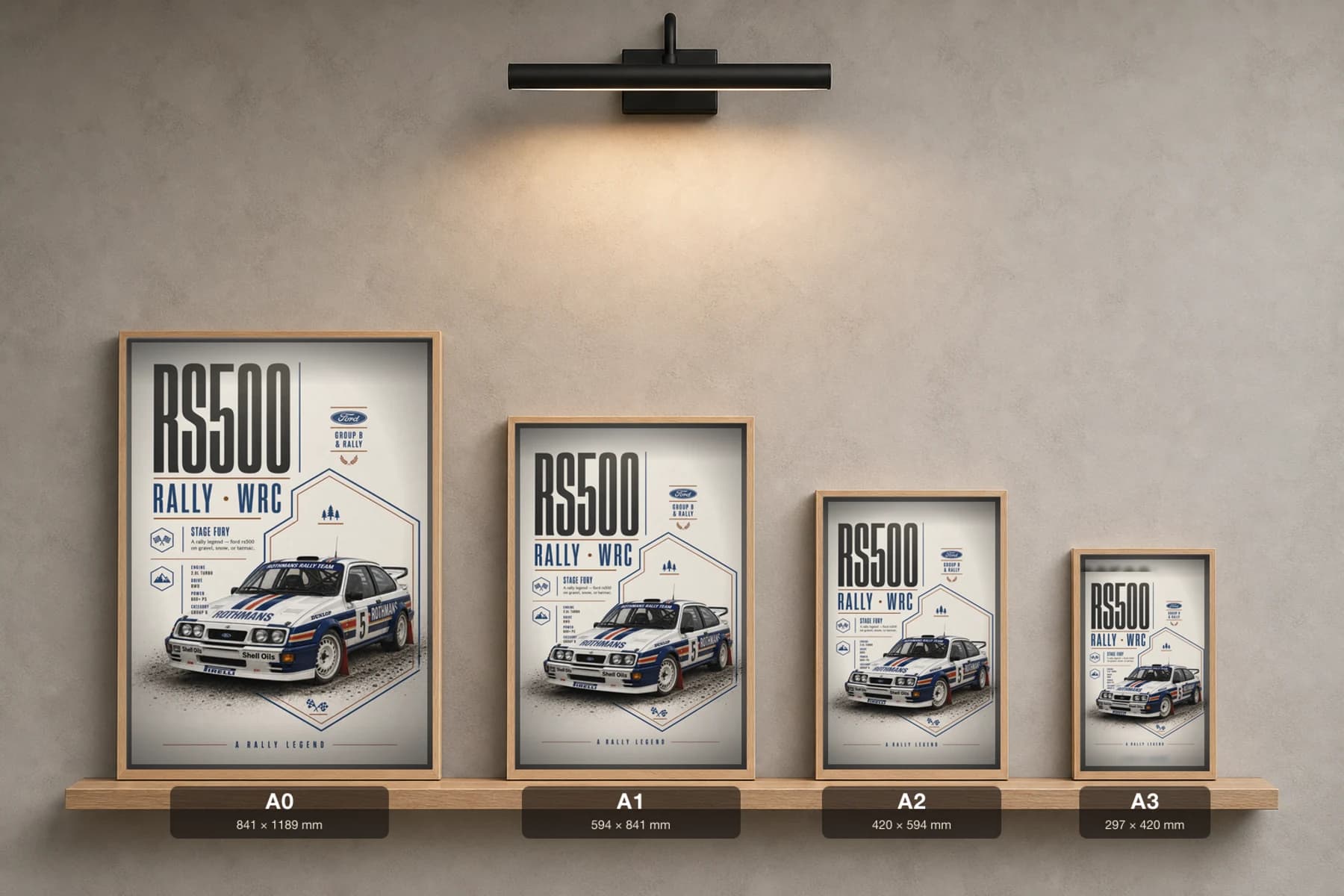 Ford Sierra RS500 Cosworth Poster — 1987 Group B / WRC Rally Wall Art · framed A2 — print size guide showing the artwork at A0, A1, A2 and A3 in natural-oak frames at true relative scale