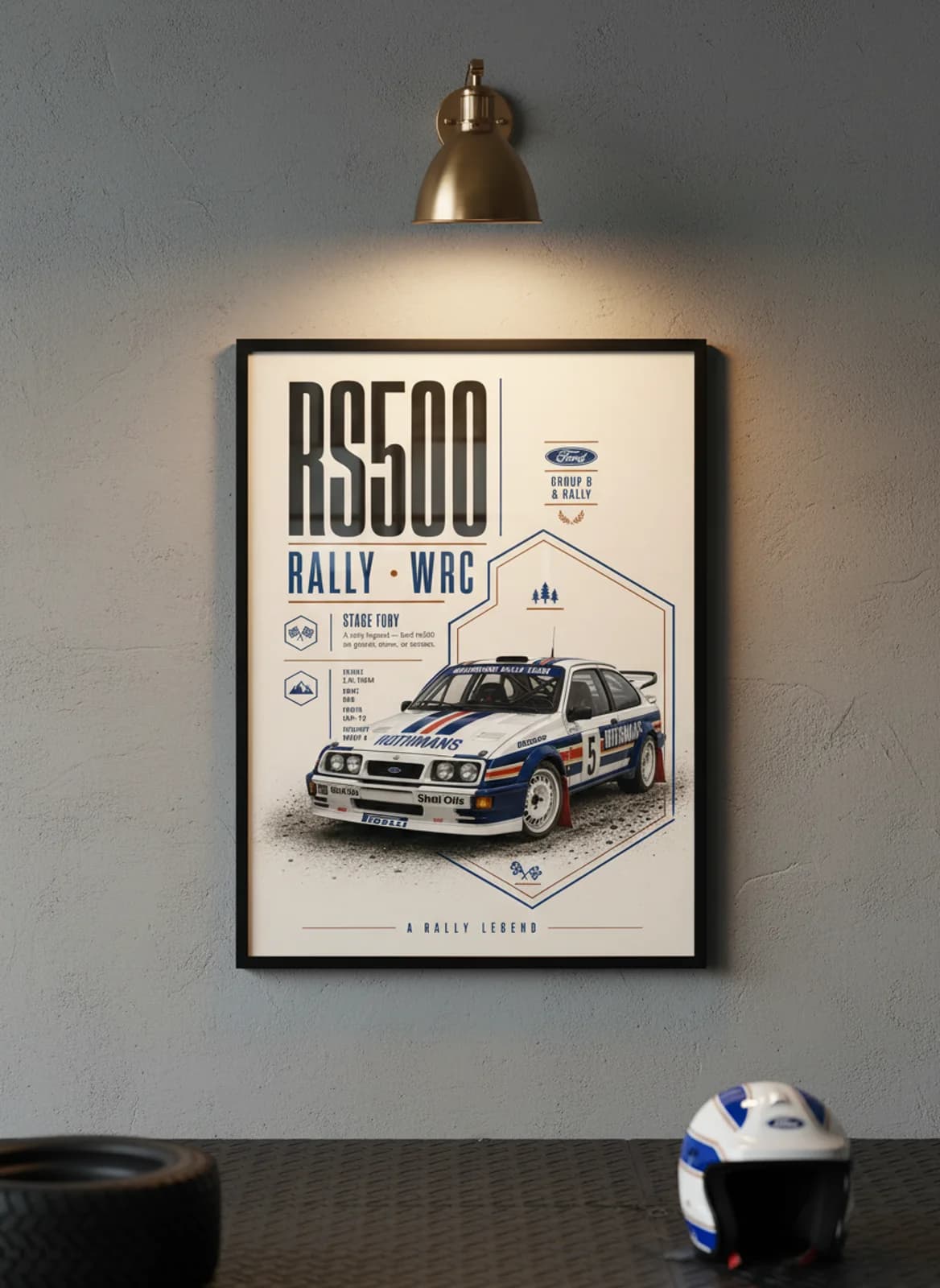 RS500 Group B rally print in black A2 frame on warm-off-white-newsprint warm-graphite wall — Group B WEC mockup