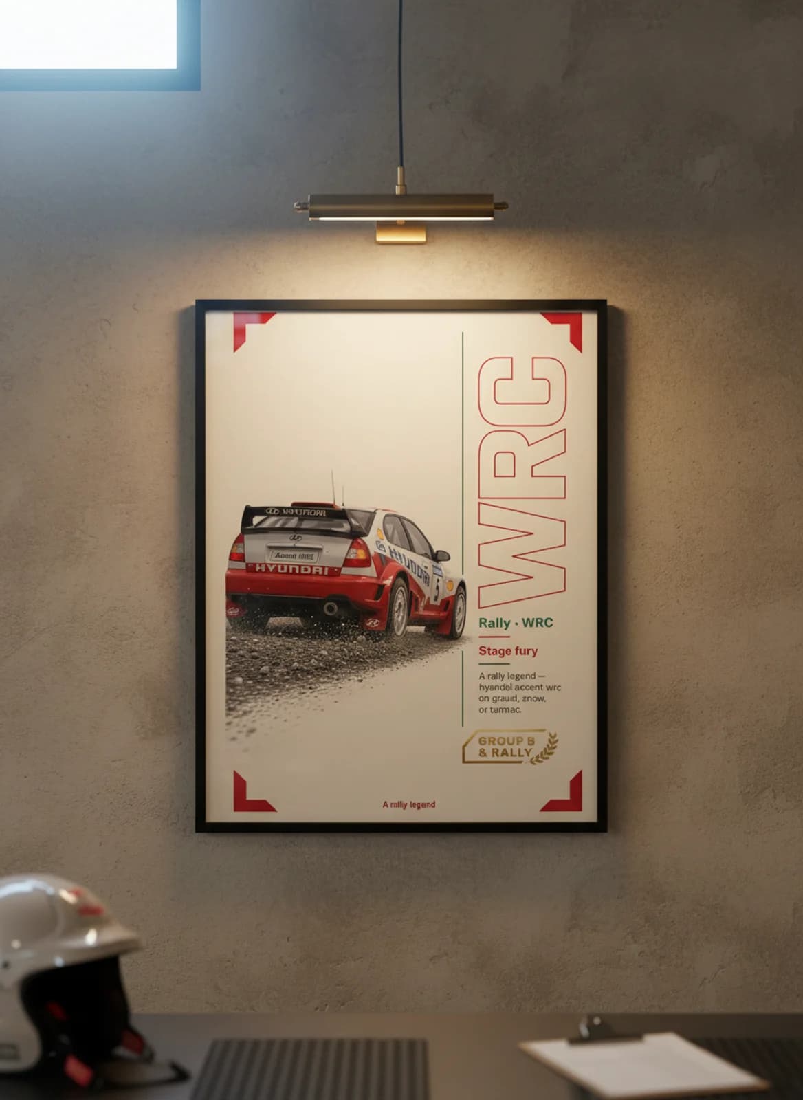 Hyundai Accent WRC Group B rally print in black A2 frame on warm-cream-newsprint warm-graphite wall — Group B WEC mockup