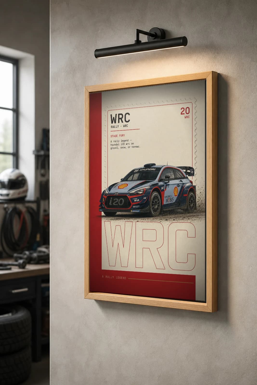 Hyundai i20 WRC Poster — 2019 Group B / WRC Rally Wall Art · framed A2 — the framed print shown at a three-quarter angle on a styled gallery wall in a natural-oak frame