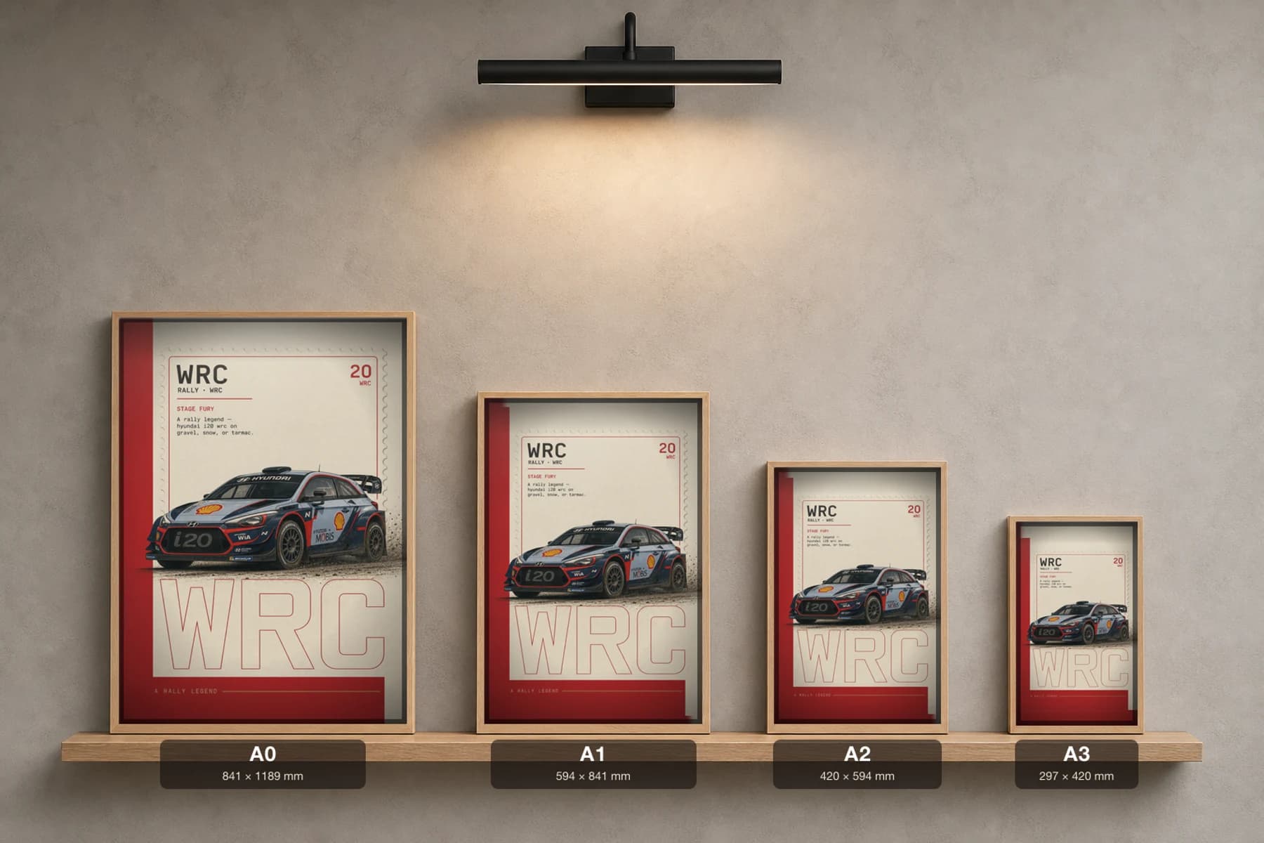 Hyundai i20 WRC Poster — 2019 Group B / WRC Rally Wall Art · framed A2 — print size guide showing the artwork at A0, A1, A2 and A3 in natural-oak frames at true relative scale