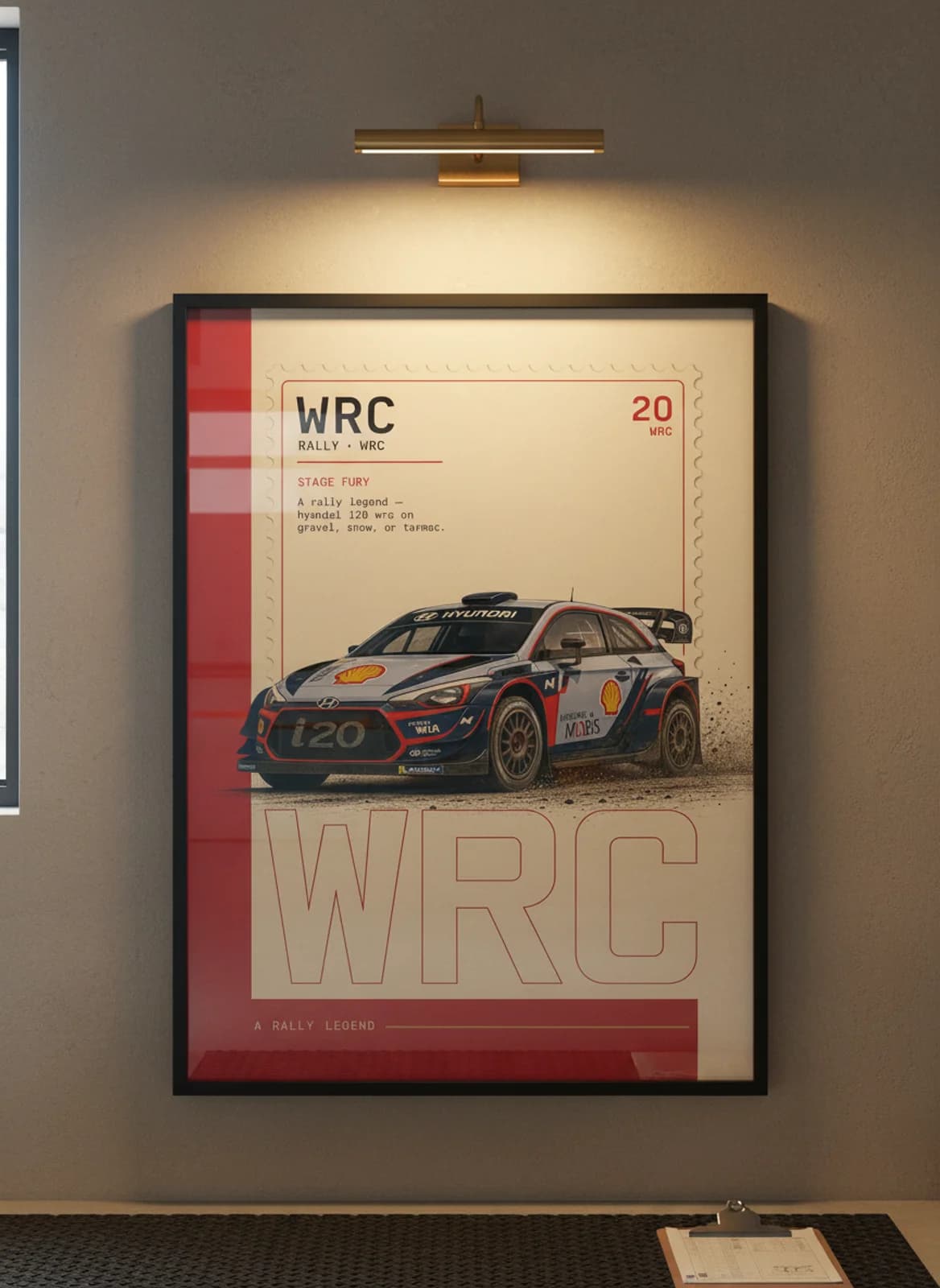 Hyundai i20 WRC Group B rally print in black A2 frame on warm-cream-newsprint warm-graphite wall — Group B WEC mockup
