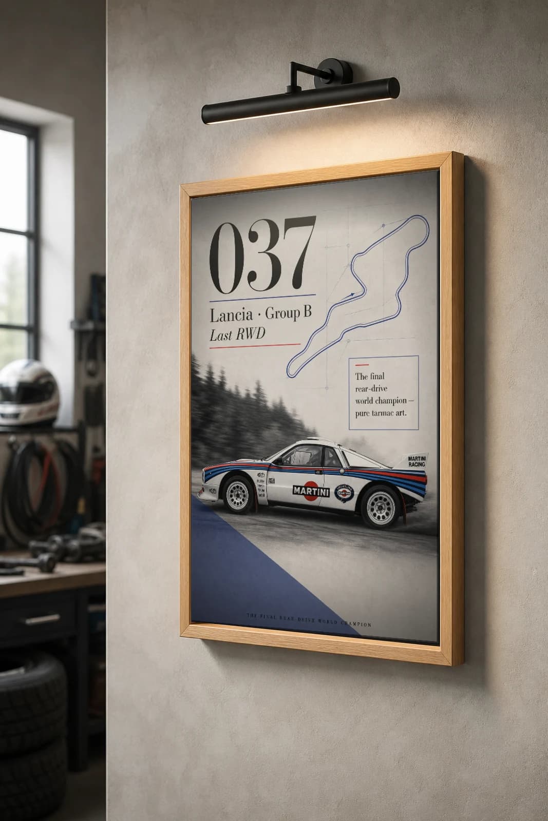 Lancia Rally 037 Poster — 1983 Group B / WRC Rally Wall Art · framed A2 — the framed print shown at a three-quarter angle on a styled gallery wall in a natural-oak frame