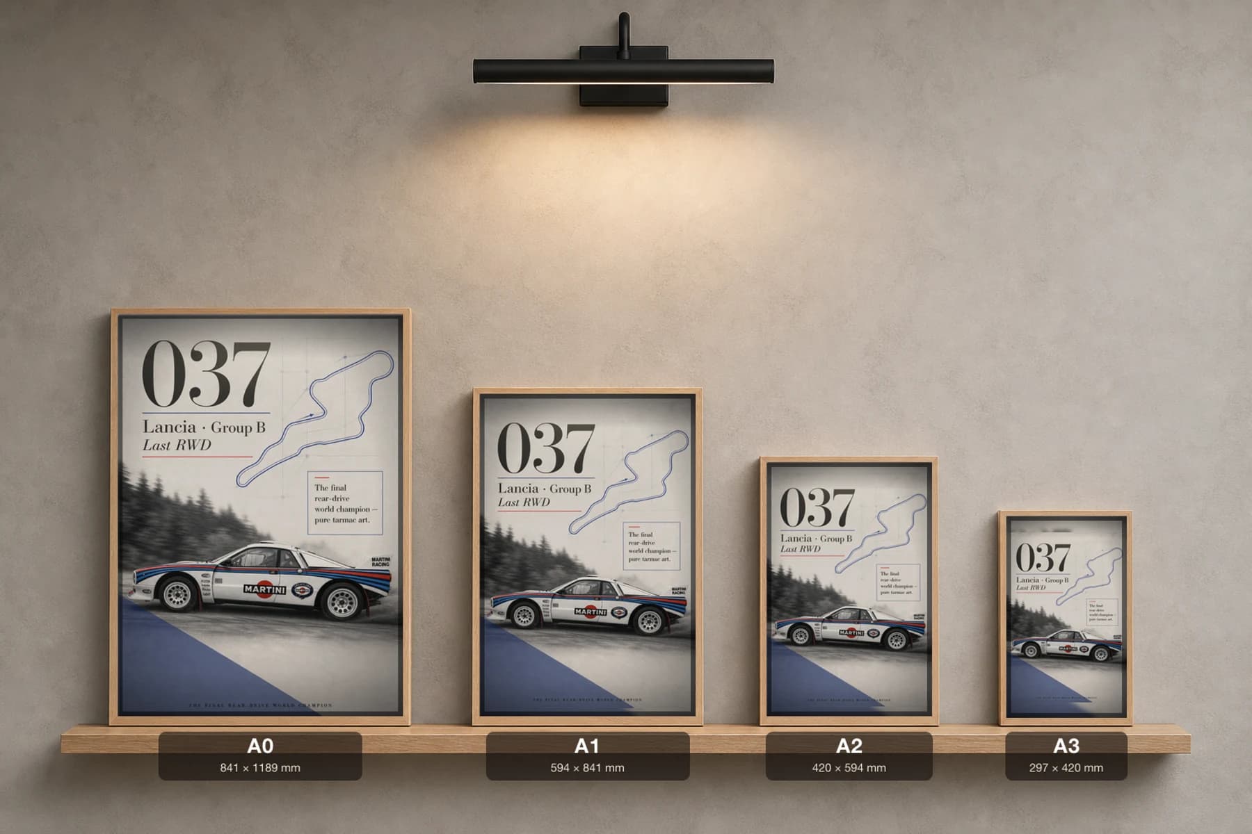 Lancia Rally 037 Poster — 1983 Group B / WRC Rally Wall Art · framed A2 — print size guide showing the artwork at A0, A1, A2 and A3 in natural-oak frames at true relative scale