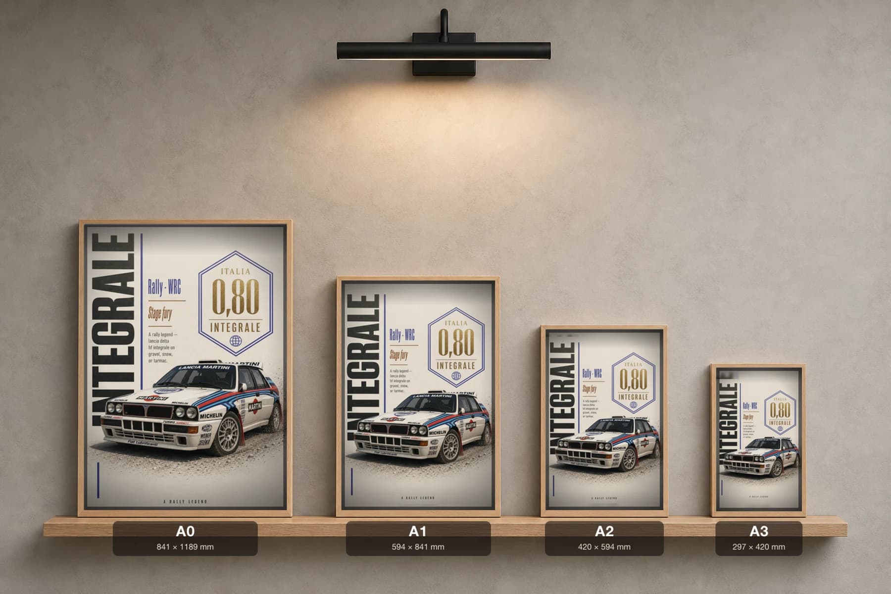 Lancia Delta HF Integrale Poster — 1988 Group B / WRC Rally Wall Art · framed A2 — print size guide showing the artwork at A0, A1, A2 and A3 in natural-oak frames at true relative scale