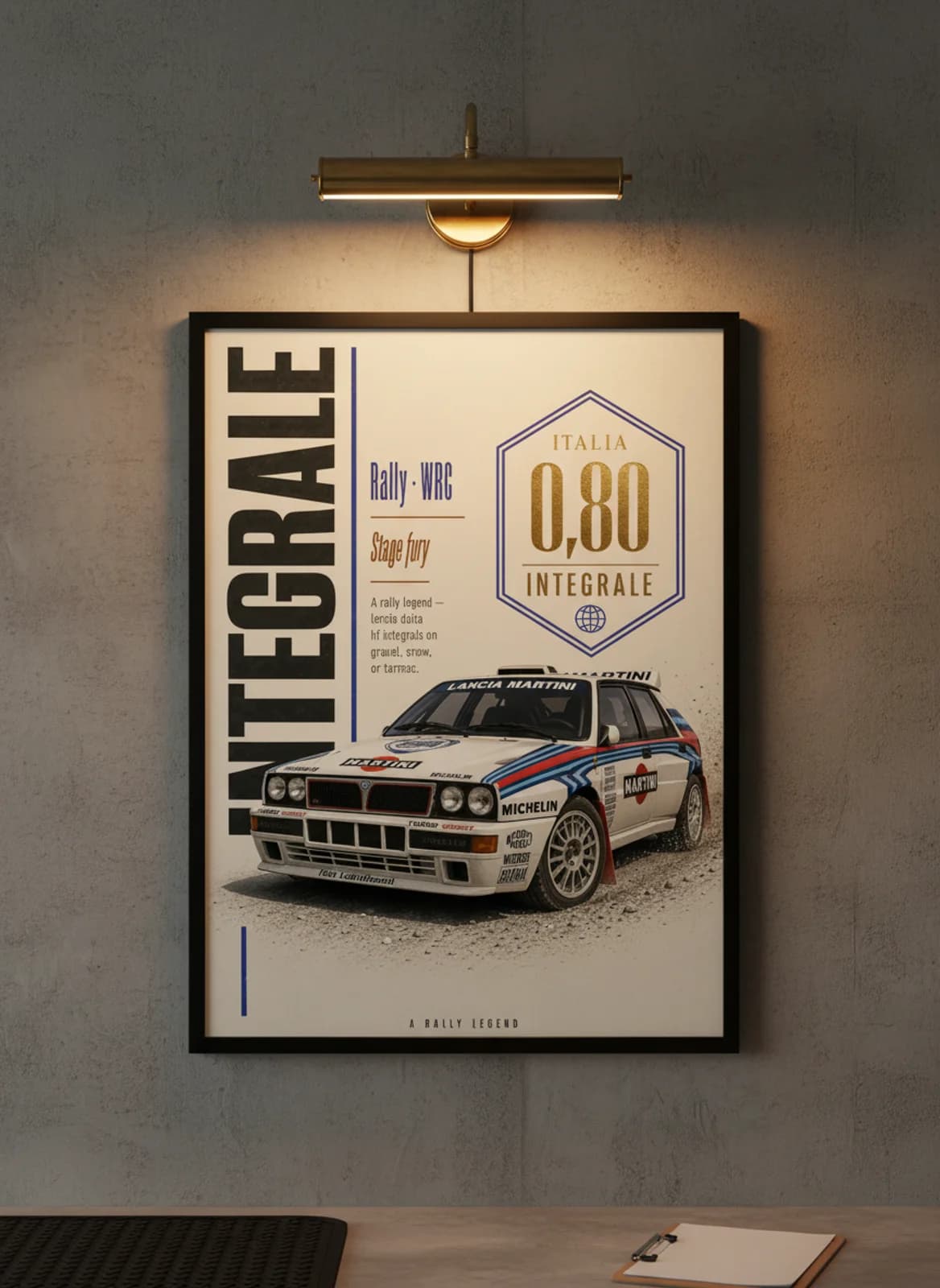 Delta HF Integrale Group B rally print in black A2 frame on warm-cream-newsprint warm-graphite wall — Group B WEC mockup