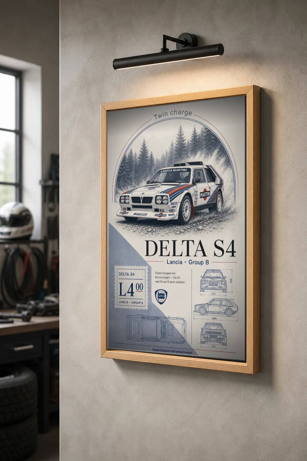 Lancia Delta S4 Poster — 1985 Group B / WRC Rally Wall Art · framed A2 — the framed print shown at a three-quarter angle on a styled gallery wall in a natural-oak frame