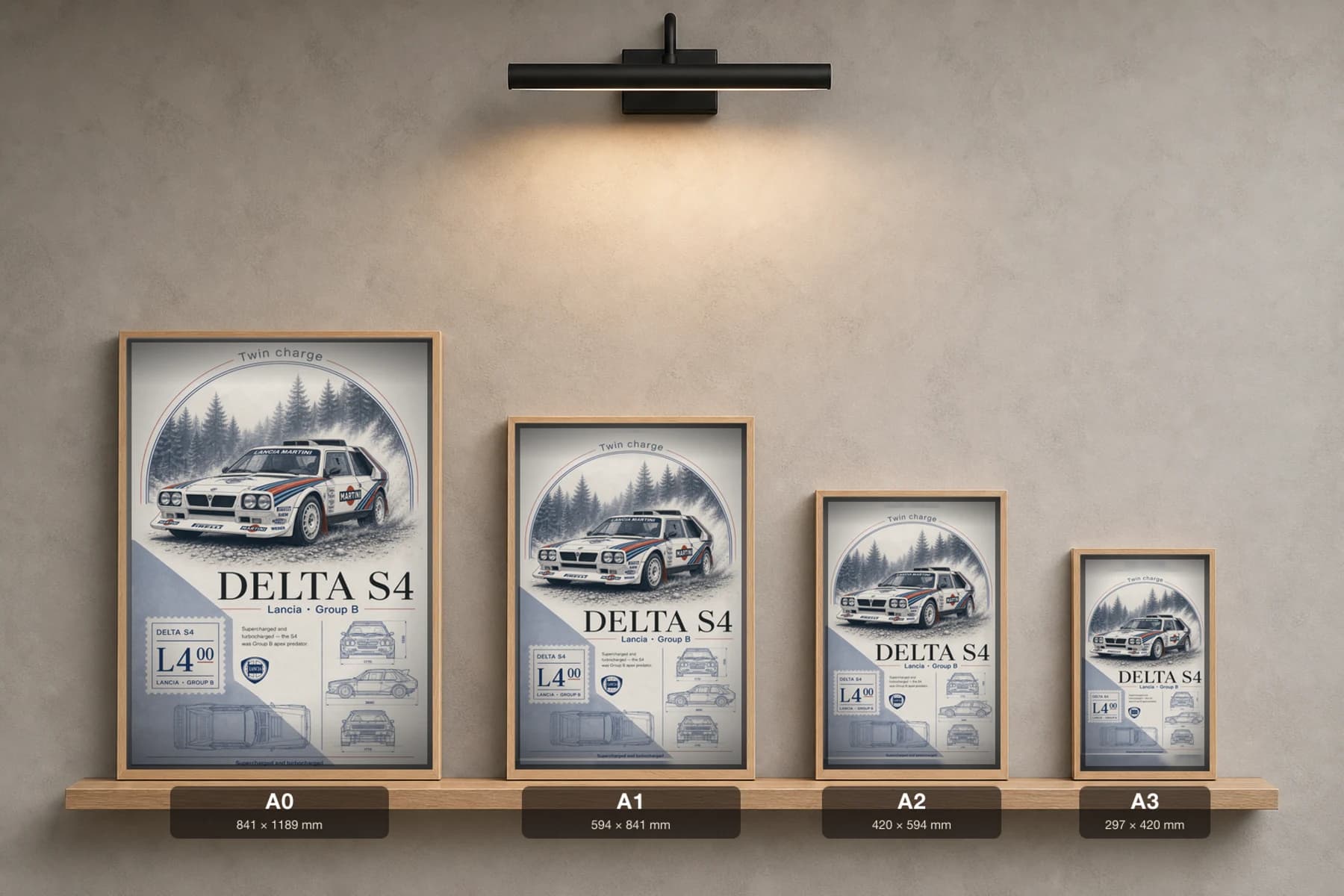 Lancia Delta S4 Poster — 1985 Group B / WRC Rally Wall Art · framed A2 — print size guide showing the artwork at A0, A1, A2 and A3 in natural-oak frames at true relative scale