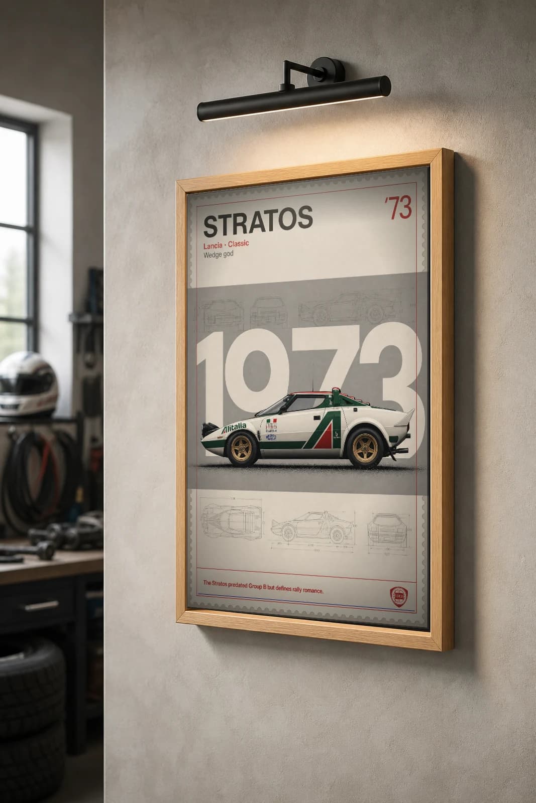 Lancia Stratos HF Poster — 1973 Group B / WRC Rally Wall Art · framed A2 — the framed print shown at a three-quarter angle on a styled gallery wall in a natural-oak frame