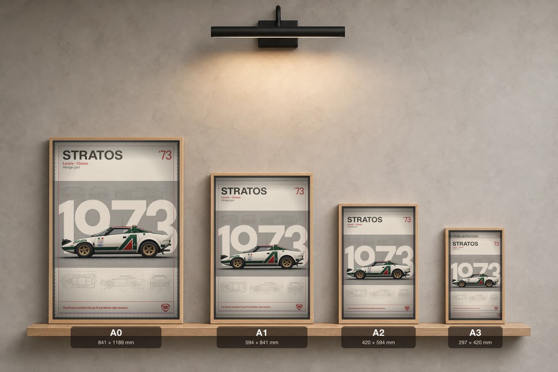 Lancia Stratos HF Poster — 1973 Group B / WRC Rally Wall Art · framed A2 — print size guide showing the artwork at A0, A1, A2 and A3 in natural-oak frames at true relative scale