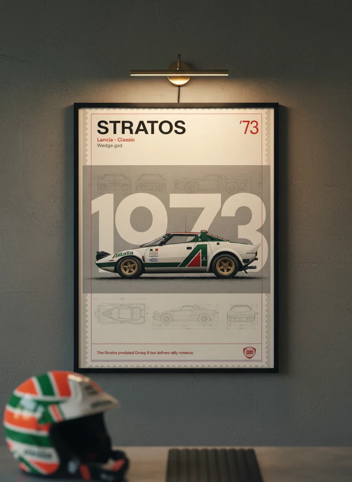Lancia Stratos HF Group B rally print in black A2 frame on warm-cream-newsprint warm-graphite wall — Group B WEC mockup