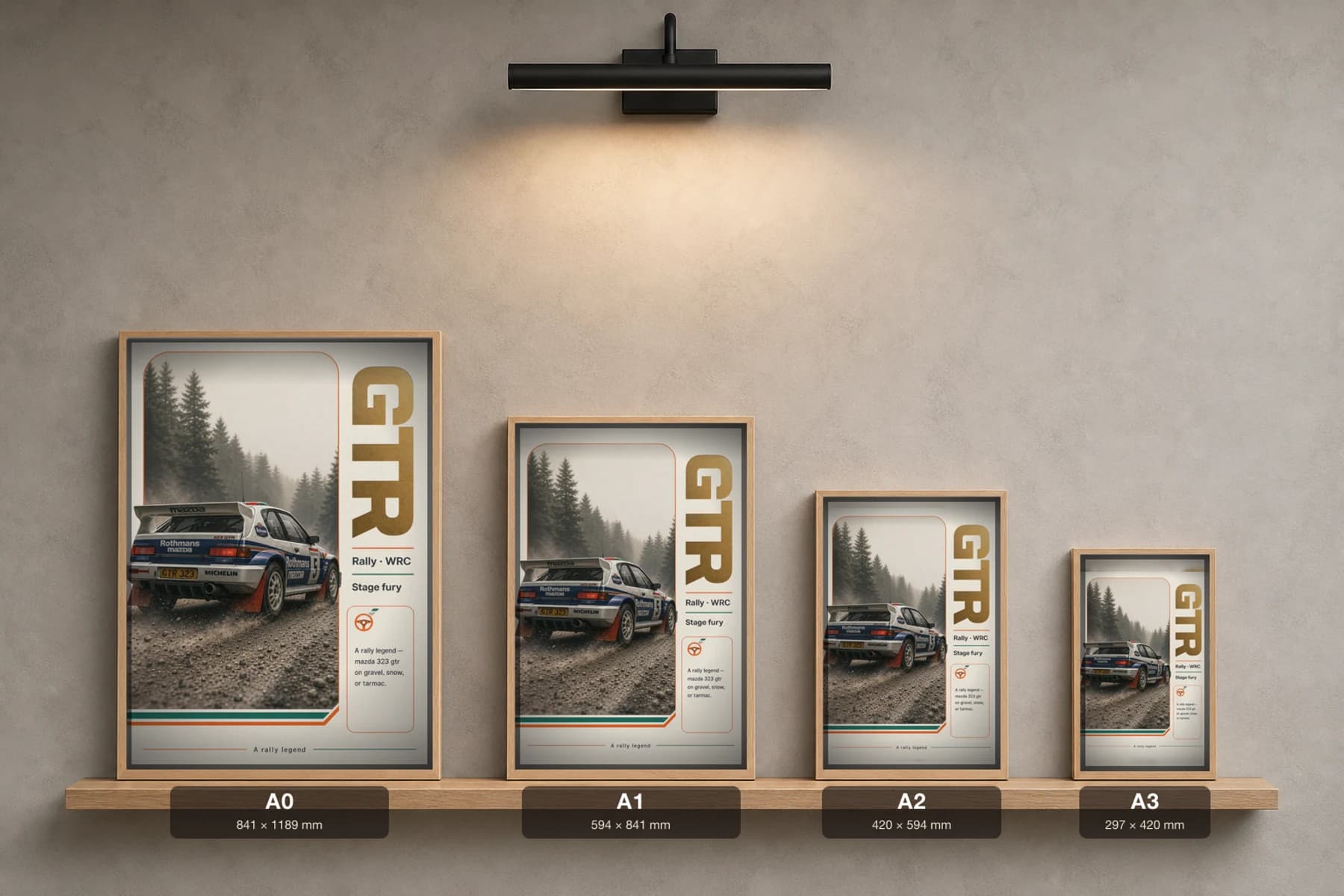 Mazda 323 GTR Poster — 1992 Group B / WRC Rally Wall Art · framed A2 — print size guide showing the artwork at A0, A1, A2 and A3 in natural-oak frames at true relative scale