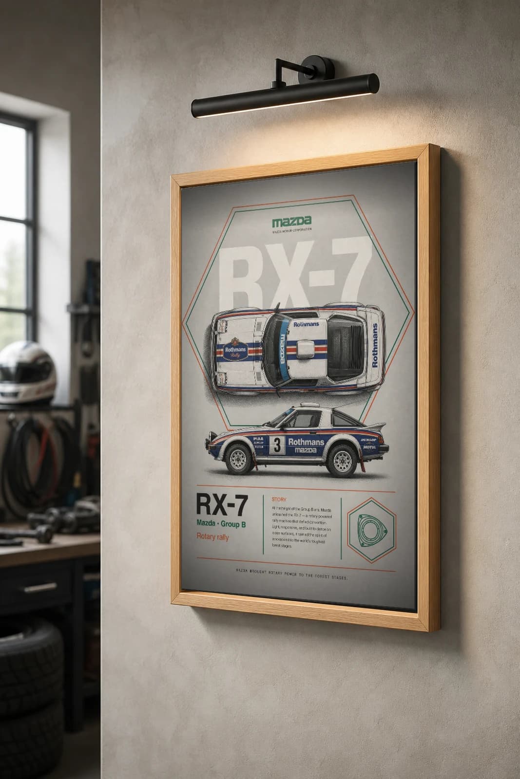 Mazda RX-7 Group B Poster — 1984 Group B / WRC Rally Wall Art · framed A2 — the framed print shown at a three-quarter angle on a styled gallery wall in a natural-oak frame