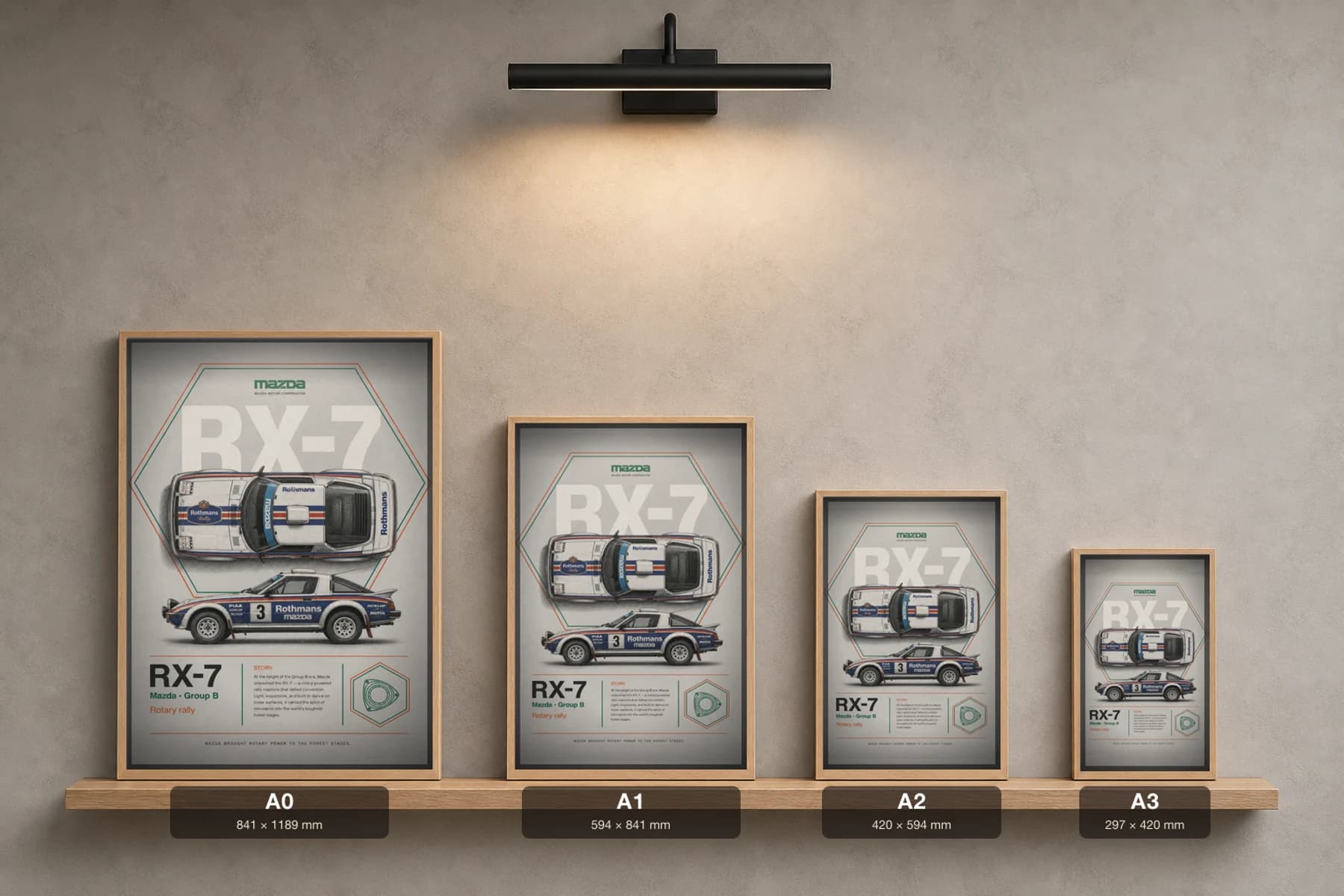 Mazda RX-7 Group B Poster — 1984 Group B / WRC Rally Wall Art · framed A2 — print size guide showing the artwork at A0, A1, A2 and A3 in natural-oak frames at true relative scale