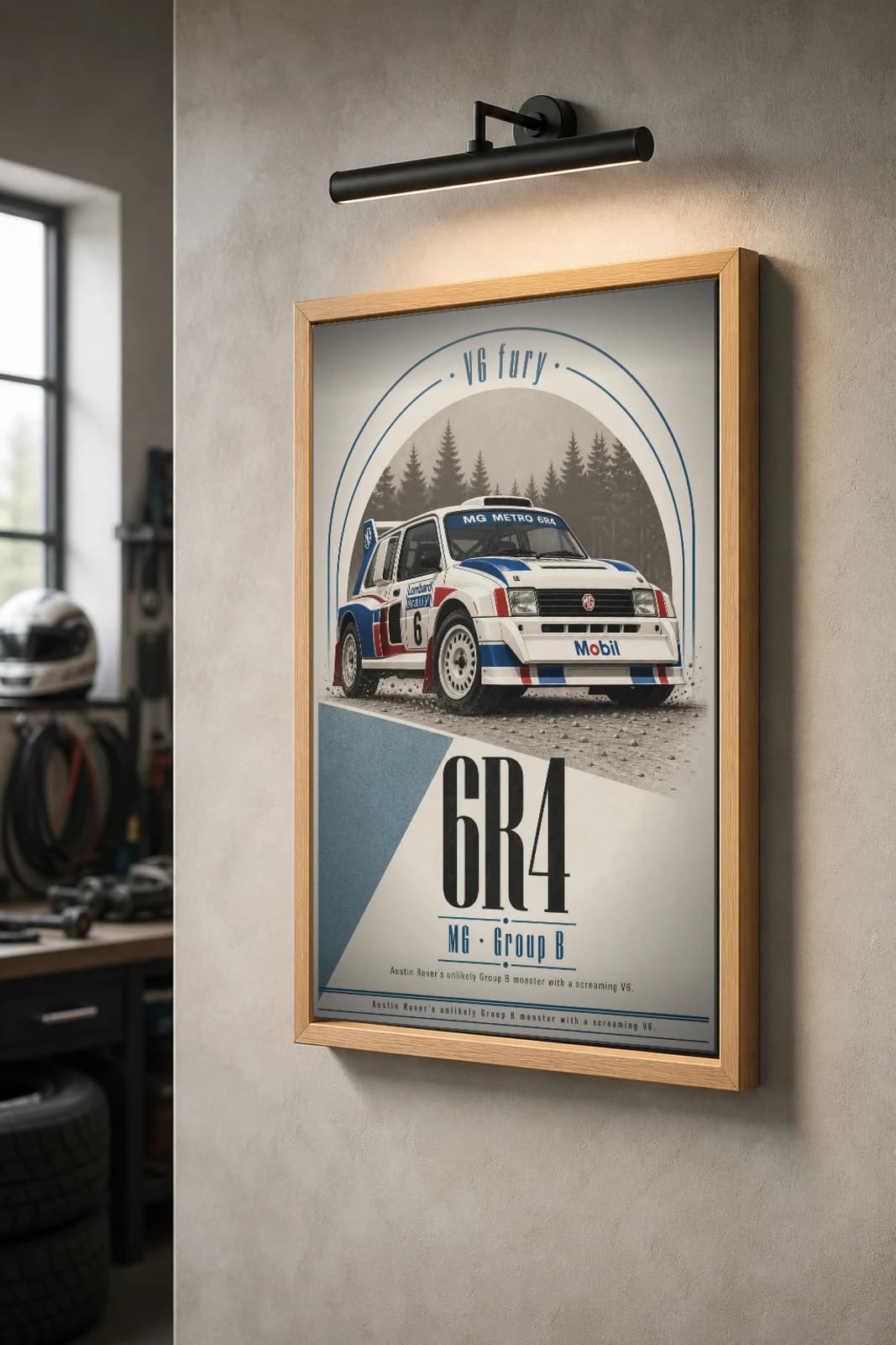 MG Metro 6R4 Poster — 1985 Group B / WRC Rally Wall Art · framed A2 — the framed print shown at a three-quarter angle on a styled gallery wall in a natural-oak frame