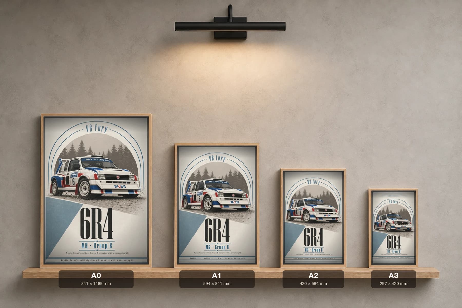 MG Metro 6R4 Poster — 1985 Group B / WRC Rally Wall Art · framed A2 — print size guide showing the artwork at A0, A1, A2 and A3 in natural-oak frames at true relative scale