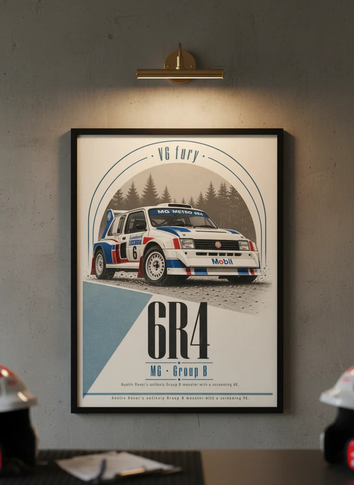 6R4 Group B rally print in black A2 frame on warm-off-white-newsprint warm-graphite wall — Group B WEC mockup