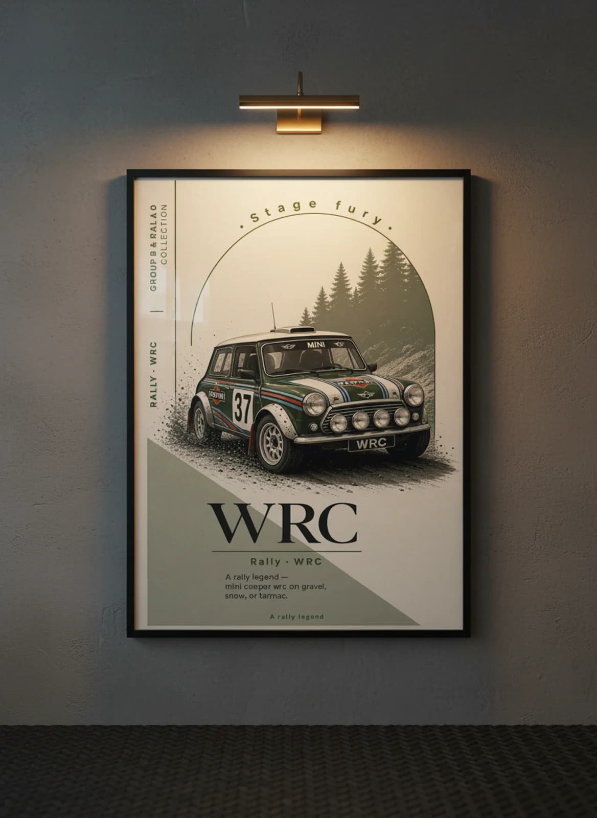 Mini Cooper WRC Group B rally print in black A2 frame on warm-cream-newsprint warm-graphite wall — Group B WEC mockup