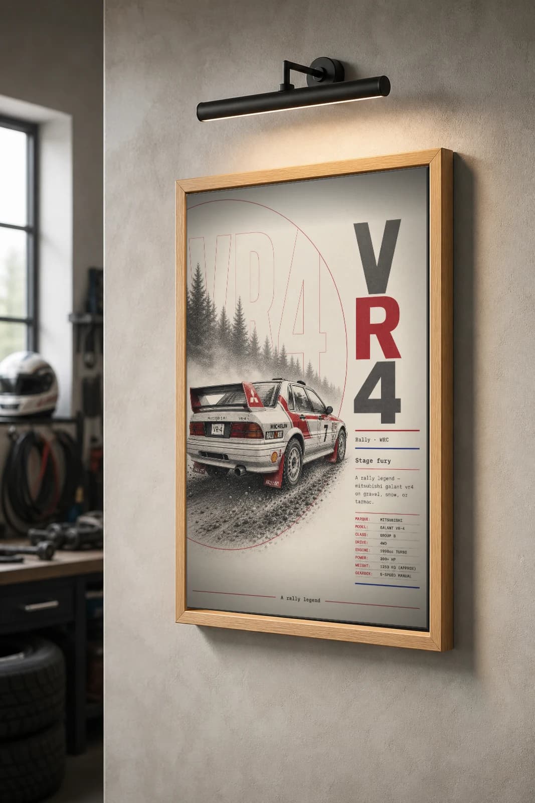 Mitsubishi Galant VR-4 Poster — 1988 Group B / WRC Rally Wall Art · framed A2 — the framed print shown at a three-quarter angle on a styled gallery wall in a natural-oak frame