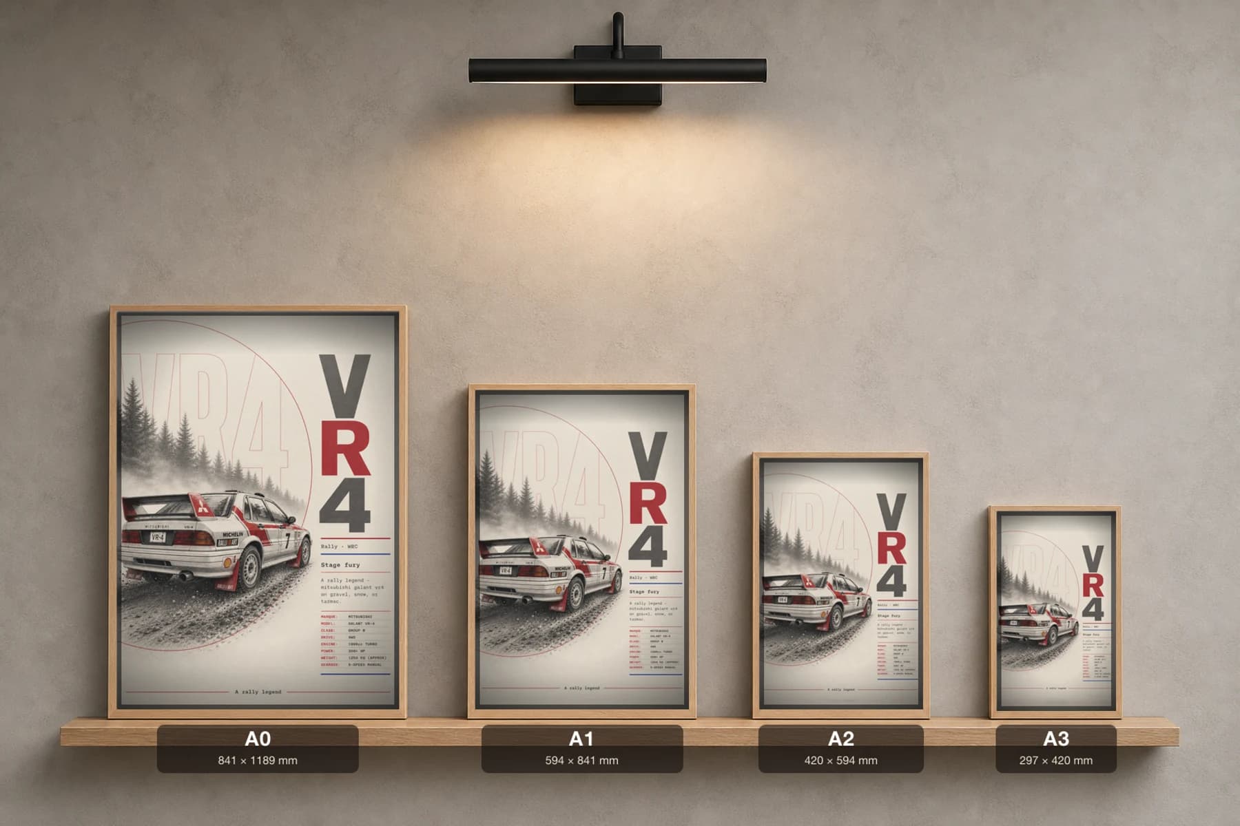 Mitsubishi Galant VR-4 Poster — 1988 Group B / WRC Rally Wall Art · framed A2 — print size guide showing the artwork at A0, A1, A2 and A3 in natural-oak frames at true relative scale