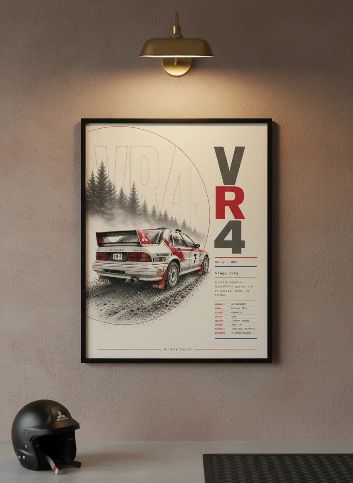 Galant VR4 Group B rally print in black A2 frame on warm-cream-newsprint warm-graphite wall — Group B WEC mockup
