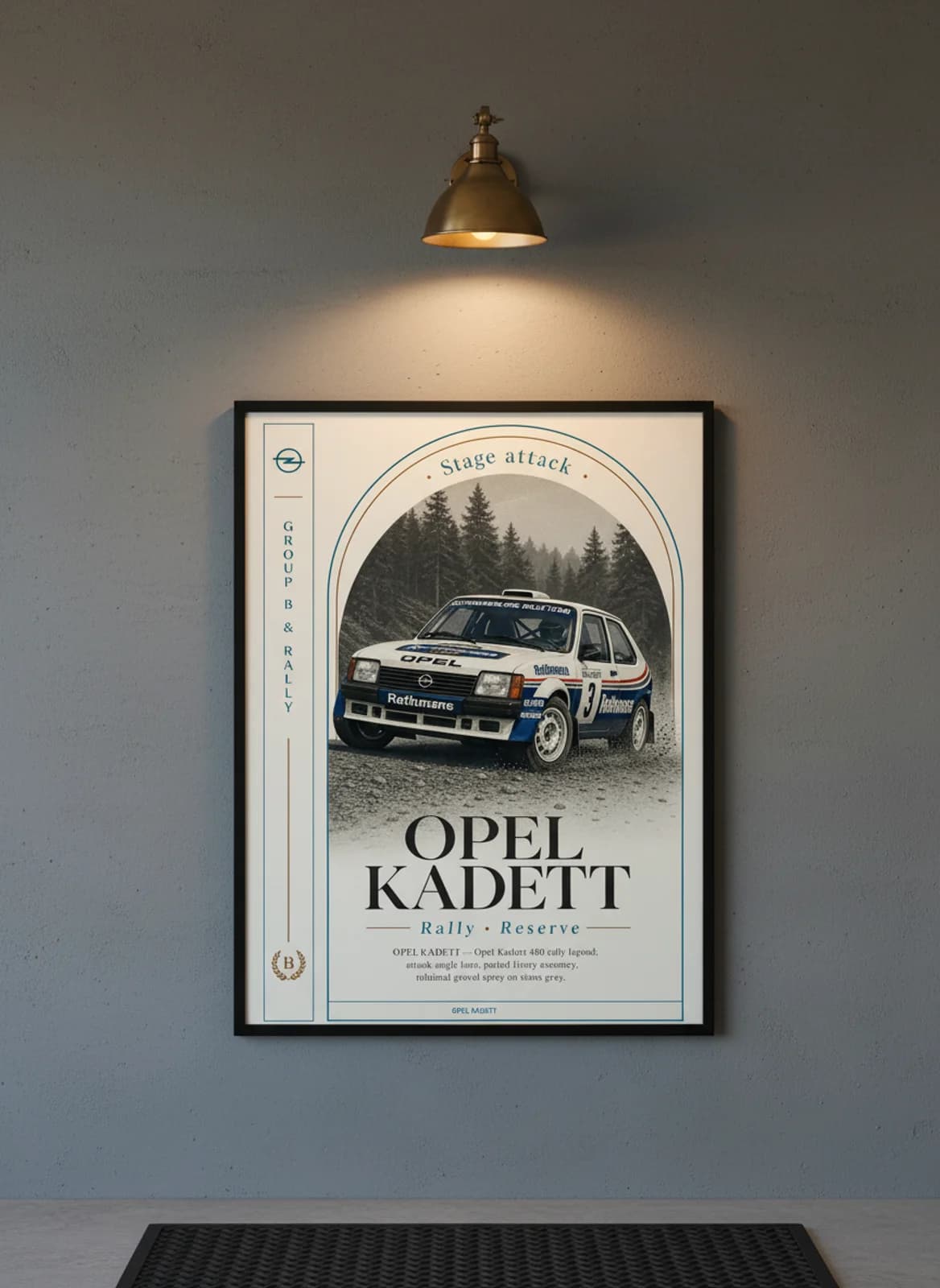 Opel Kadett 400 Group B rally print in black A2 frame on warm-cream-newsprint warm-graphite wall — Group B WEC mockup