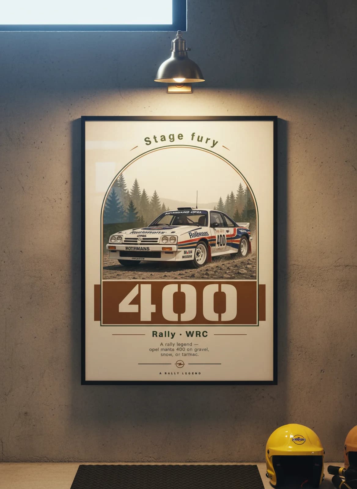 Opel Manta 400 Group B rally print in black A2 frame on warm-cream-newsprint warm-graphite wall — Group B WEC mockup