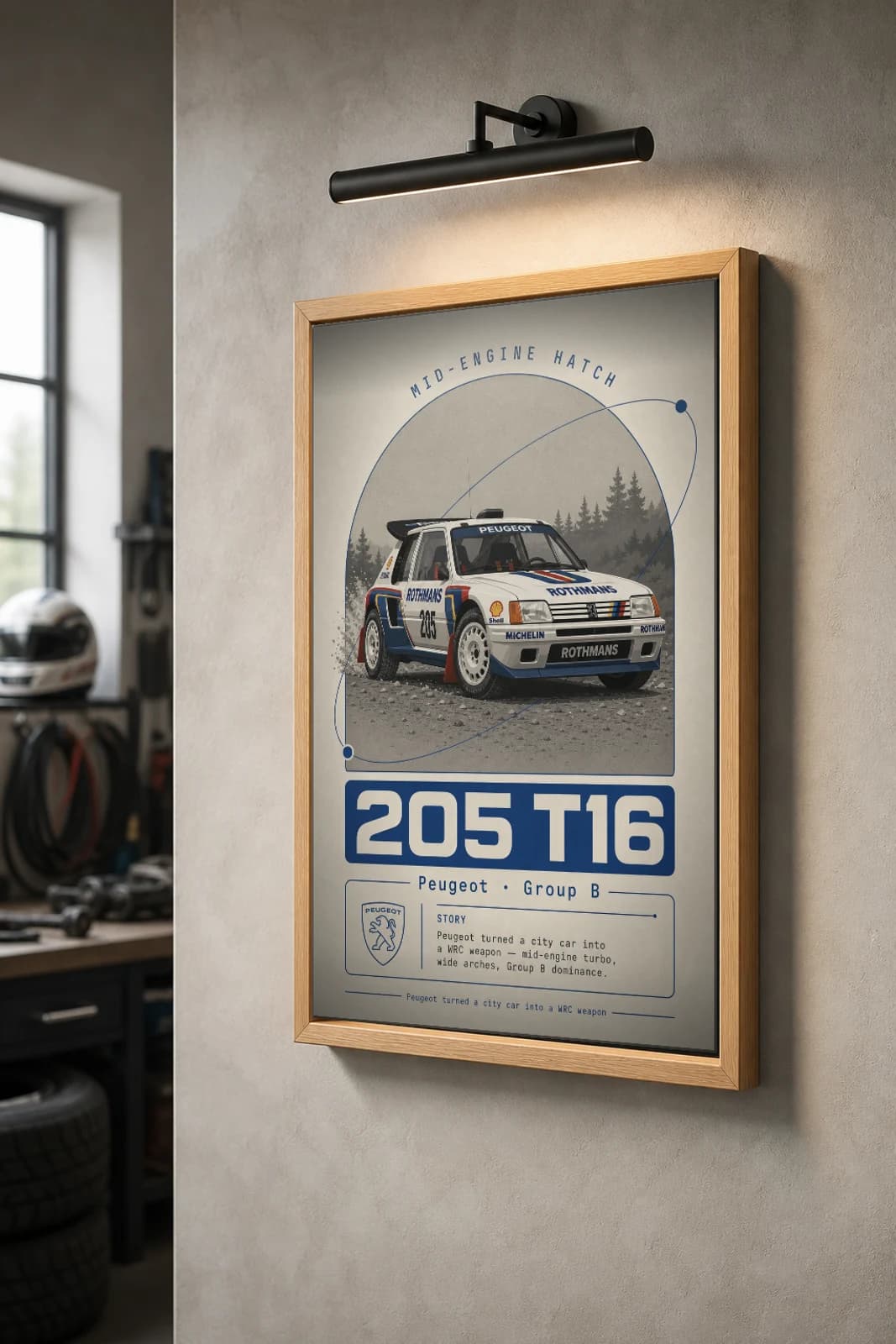 Peugeot 205 Turbo 16 Poster — 1985 Group B / WRC Rally Wall Art · framed A2 — the framed print shown at a three-quarter angle on a styled gallery wall in a natural-oak frame