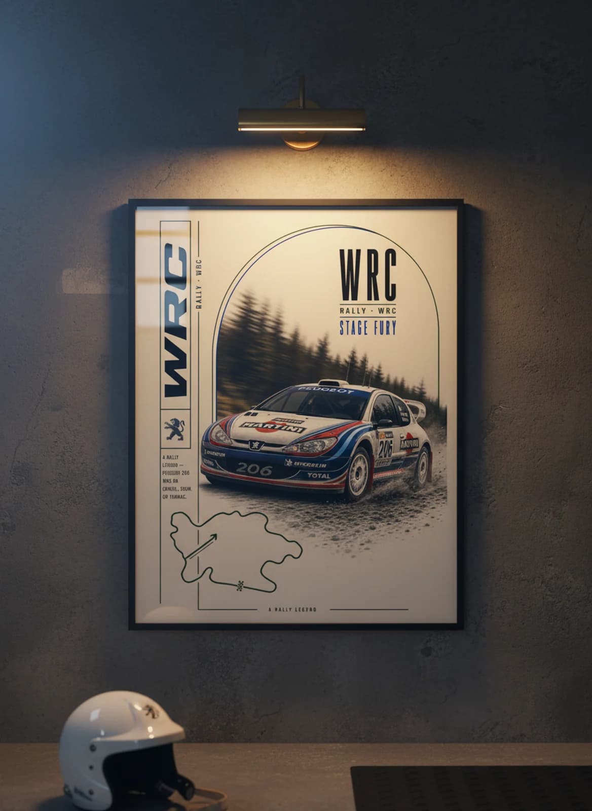Peugeot 206 WRC Group B rally print in black A2 frame on warm-cream-newsprint warm-graphite wall — Group B WEC mockup