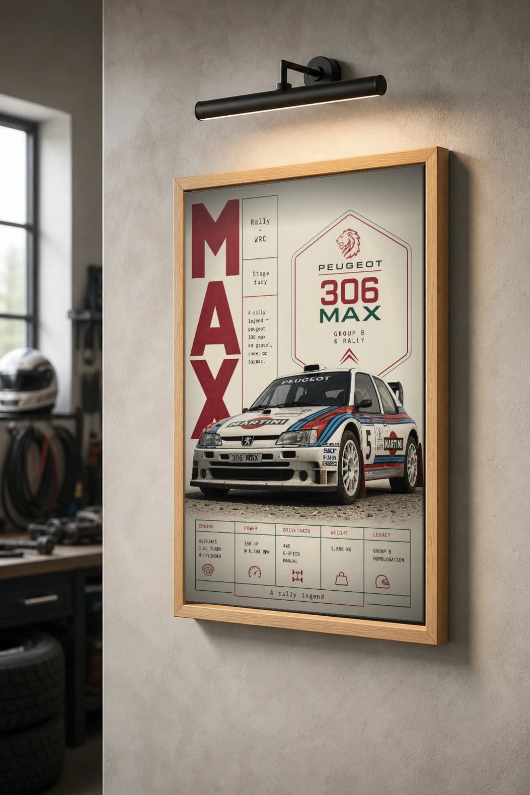 Peugeot 306 Maxi Poster — 1995 Group B / WRC Rally Wall Art · framed A2 — the framed print shown at a three-quarter angle on a styled gallery wall in a natural-oak frame