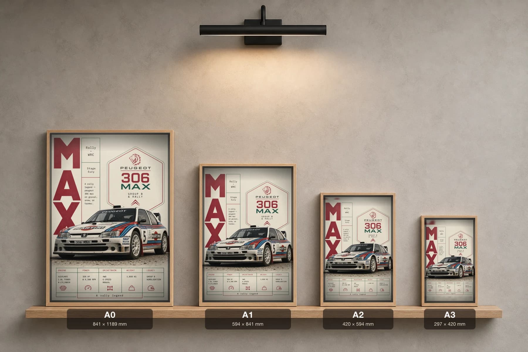 Peugeot 306 Maxi Poster — 1995 Group B / WRC Rally Wall Art · framed A2 — print size guide showing the artwork at A0, A1, A2 and A3 in natural-oak frames at true relative scale