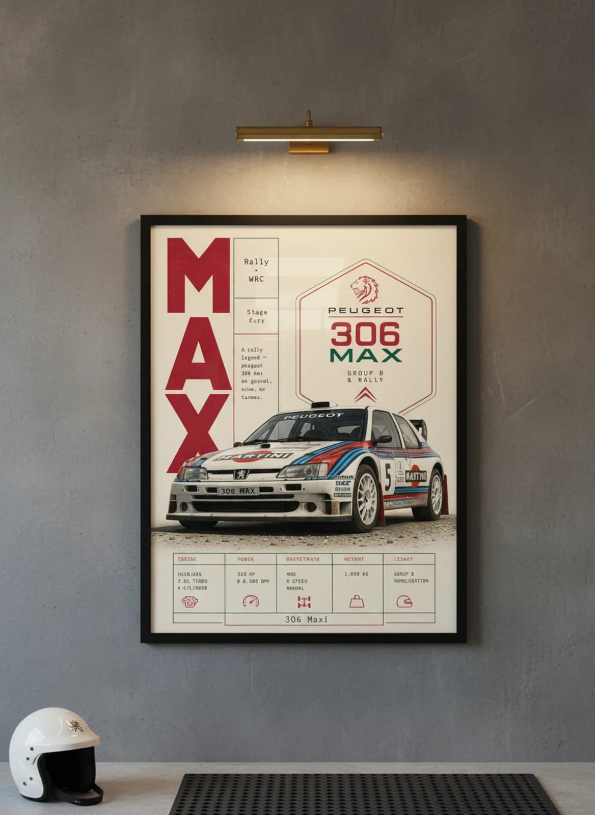 306 Maxi Group B rally print in black A2 frame on warm-cream-newsprint warm-graphite wall — Group B WEC mockup