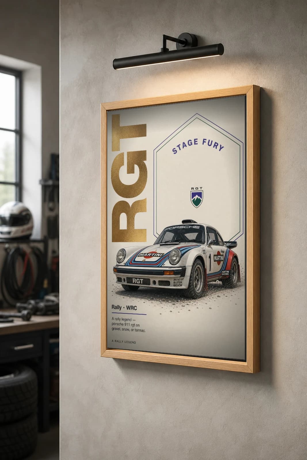 Porsche 911 RGT Poster — 2018 Group B / WRC Rally Wall Art · framed A2 — the framed print shown at a three-quarter angle on a styled gallery wall in a natural-oak frame