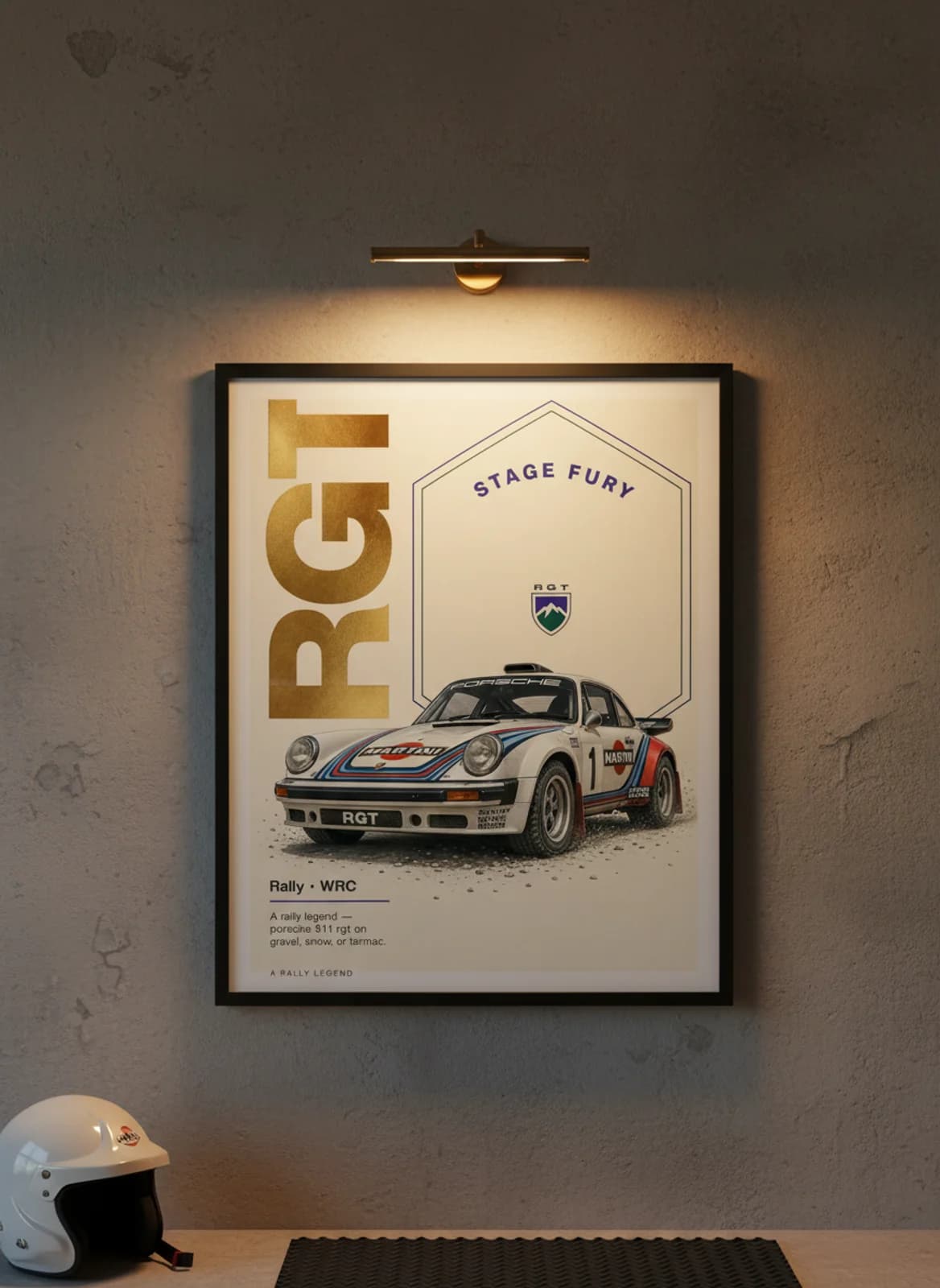 Porsche 911 RGT Group B rally print in black A2 frame on warm-off-white-cream warm-graphite wall — Group B WEC mockup