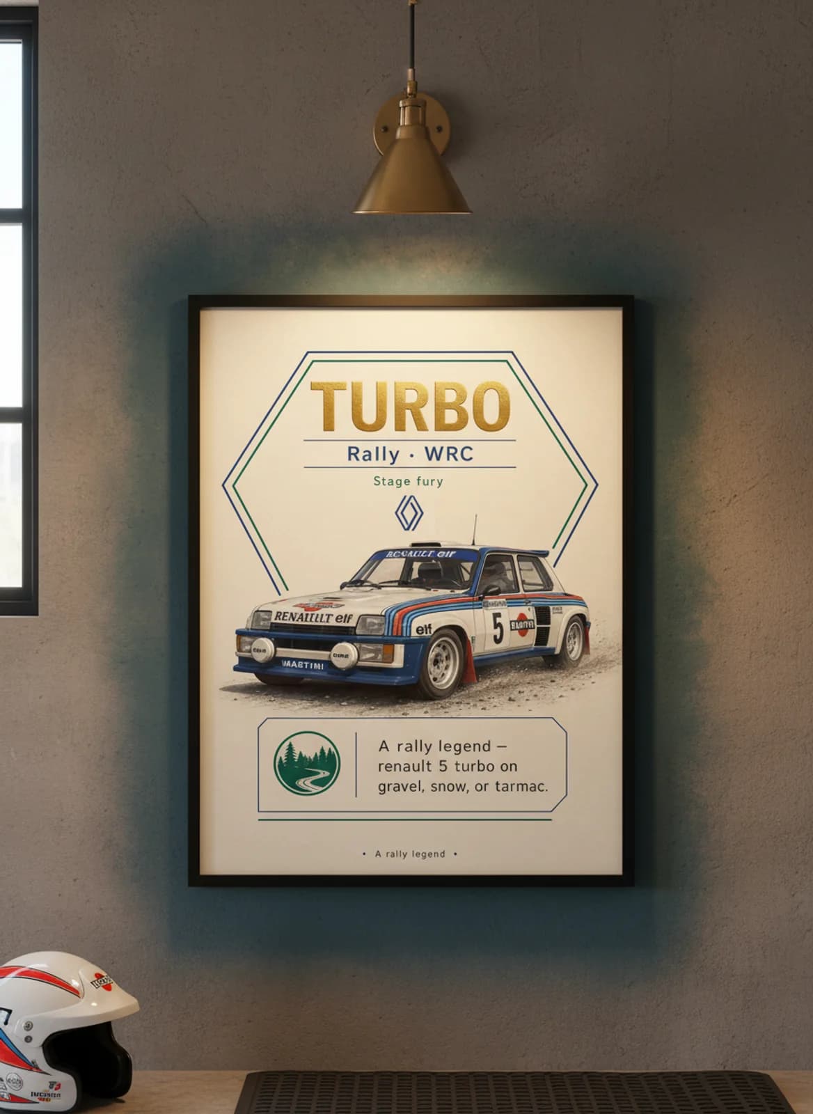 Renault 5 Turbo Group B rally print in black A2 frame on warm-cream-newsprint warm-graphite wall — Group B WEC mockup
