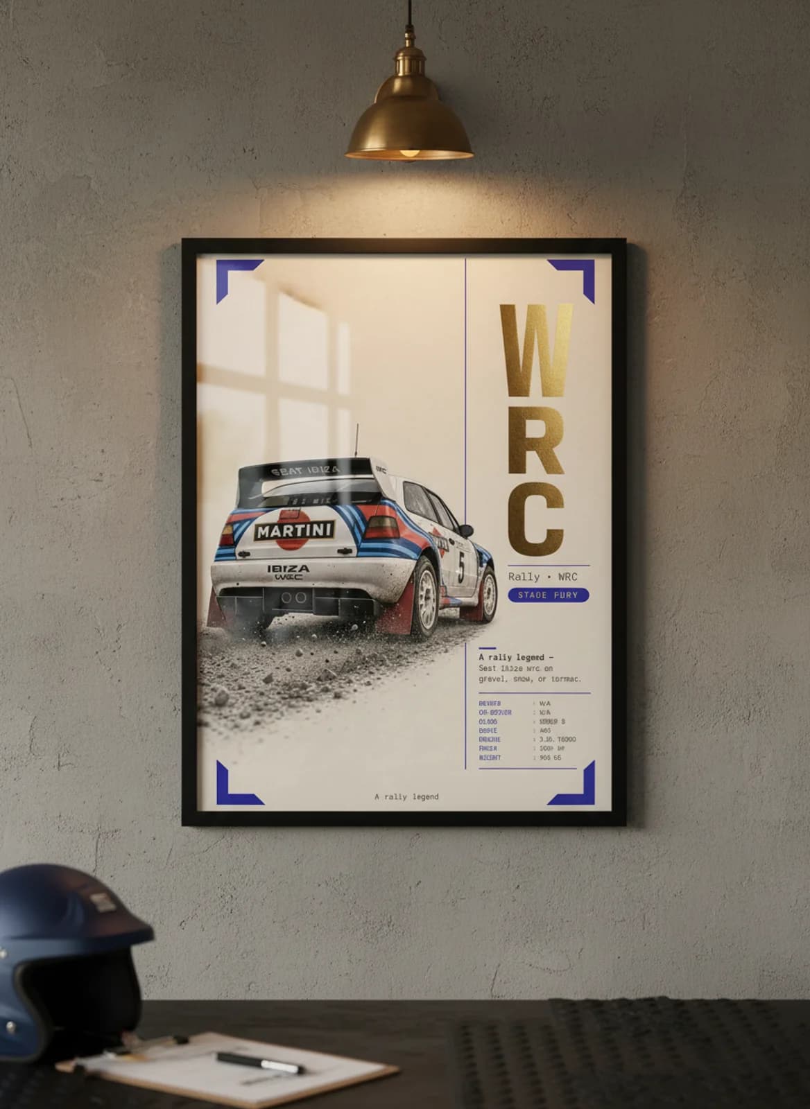Seat Ibiza WRC Group B rally print in black A2 frame on warm-cream-newsprint warm-graphite wall — Group B WEC mockup