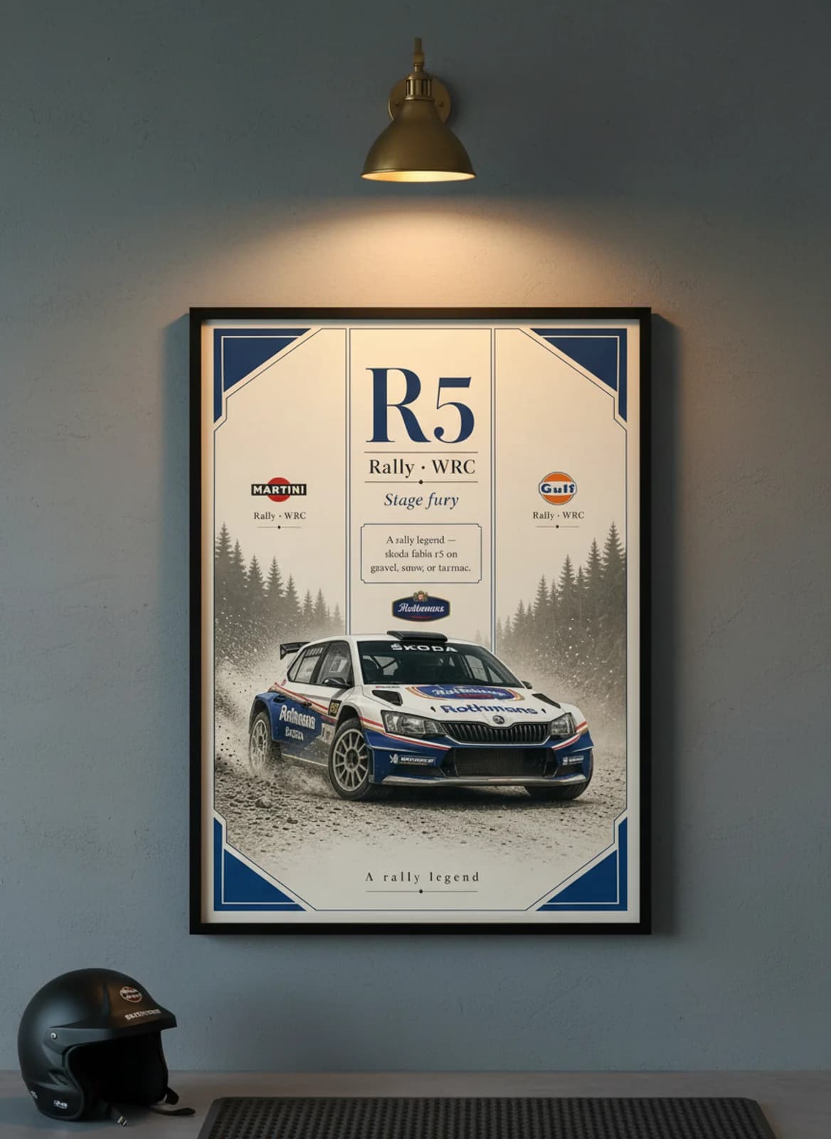 Skoda Fabia R5 Group B rally print in black A2 frame on warm-cream-newsprint warm-graphite wall — Group B WEC mockup