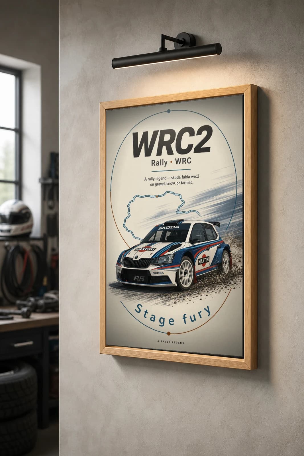 Skoda Fabia WRC2 Poster — 2017 Group B / WRC Rally Wall Art · framed A2 — the framed print shown at a three-quarter angle on a styled gallery wall in a natural-oak frame