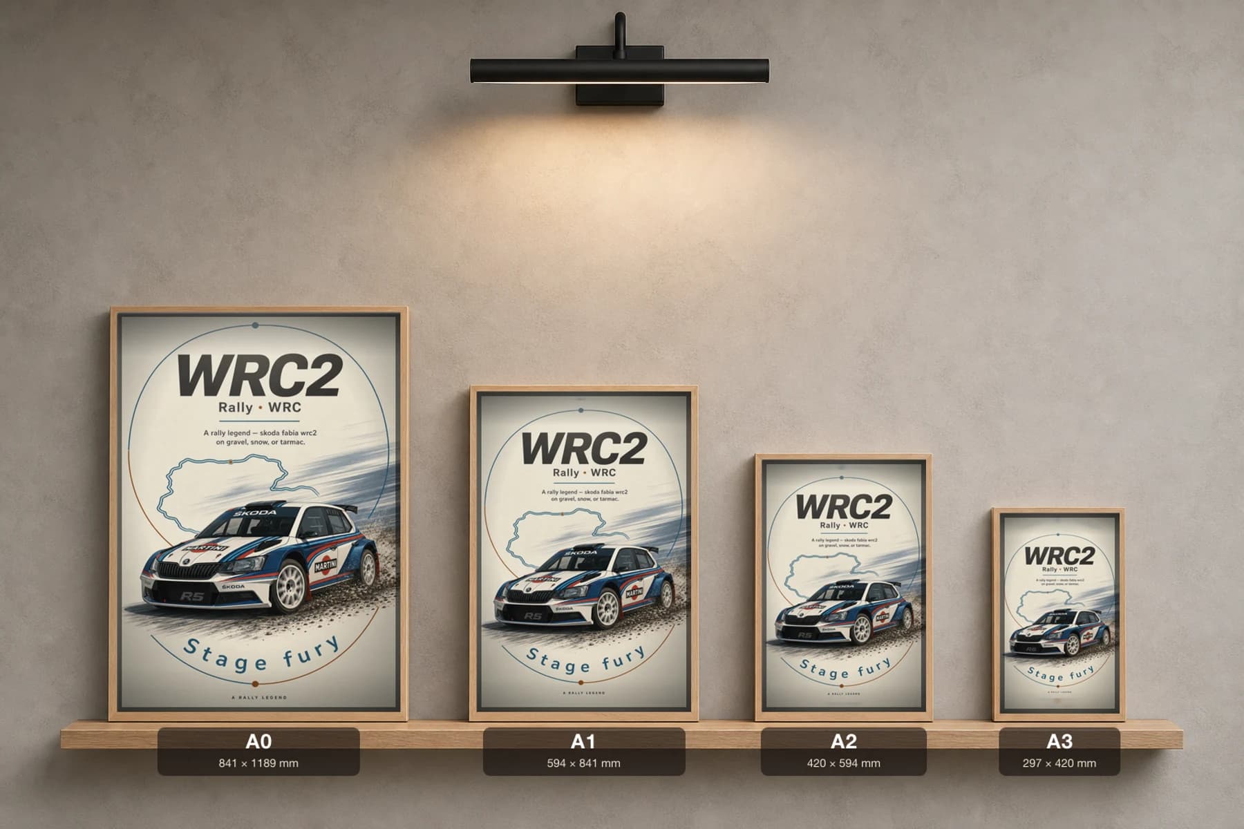 Skoda Fabia WRC2 Poster — 2017 Group B / WRC Rally Wall Art · framed A2 — print size guide showing the artwork at A0, A1, A2 and A3 in natural-oak frames at true relative scale
