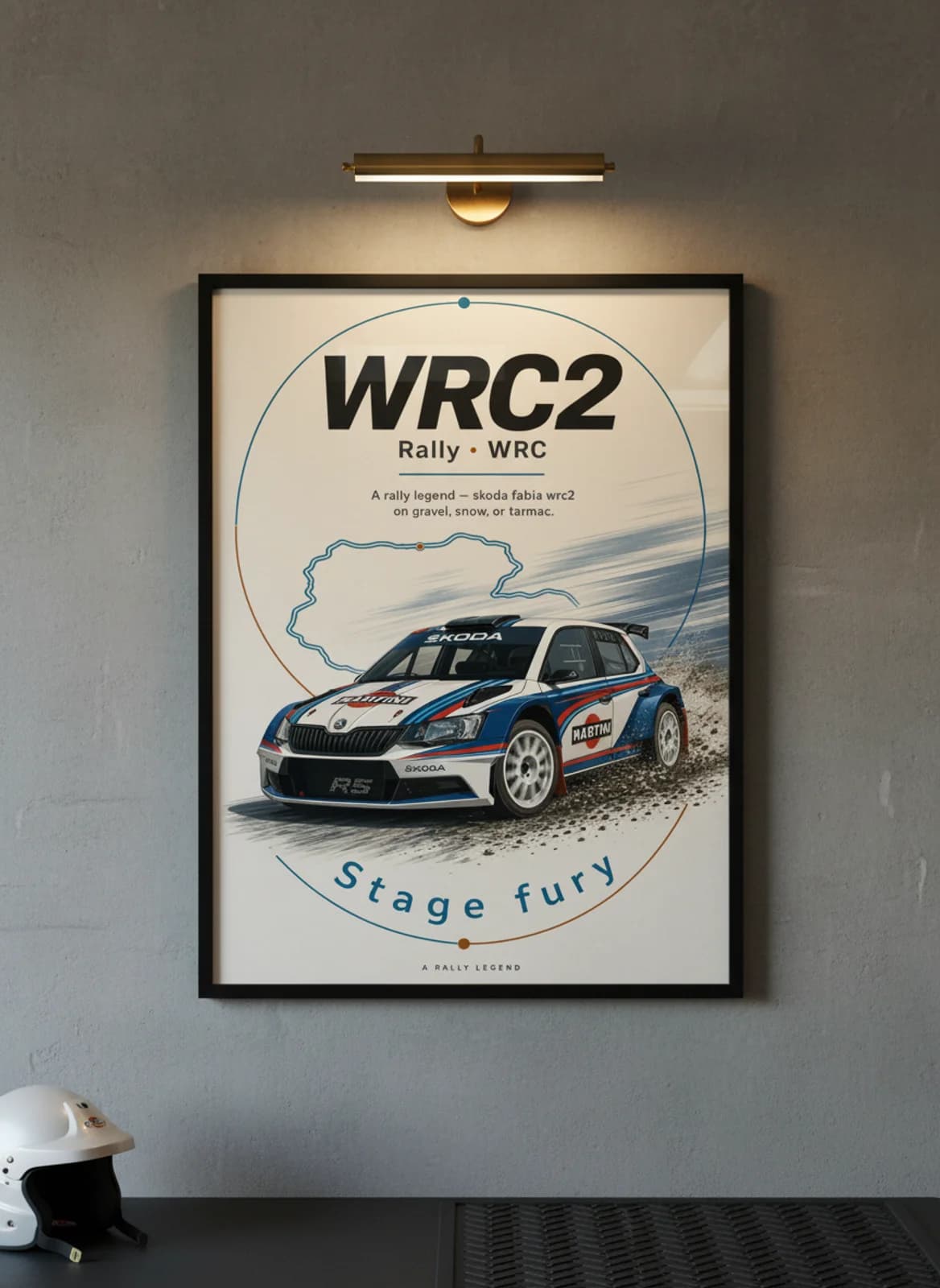 Skoda Fabia WRC2 Group B rally print in black A2 frame on warm-cream-newsprint warm-graphite wall — Group B WEC mockup