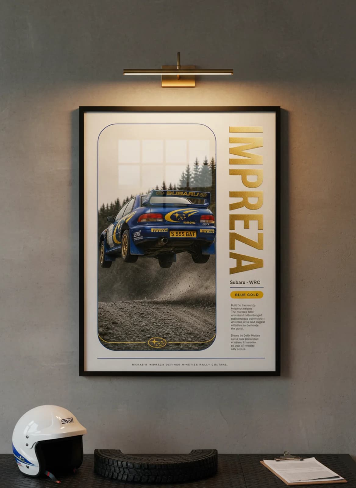 IMPREZA Group B rally print in black A2 frame on warm-light-grey-newsprint warm-graphite wall — Group B WEC mockup