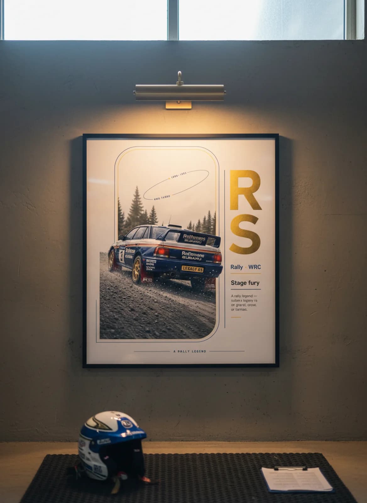 Subaru Legacy RS Group B rally print in black A2 frame on warm-cream-newsprint warm-graphite wall — Group B WEC mockup