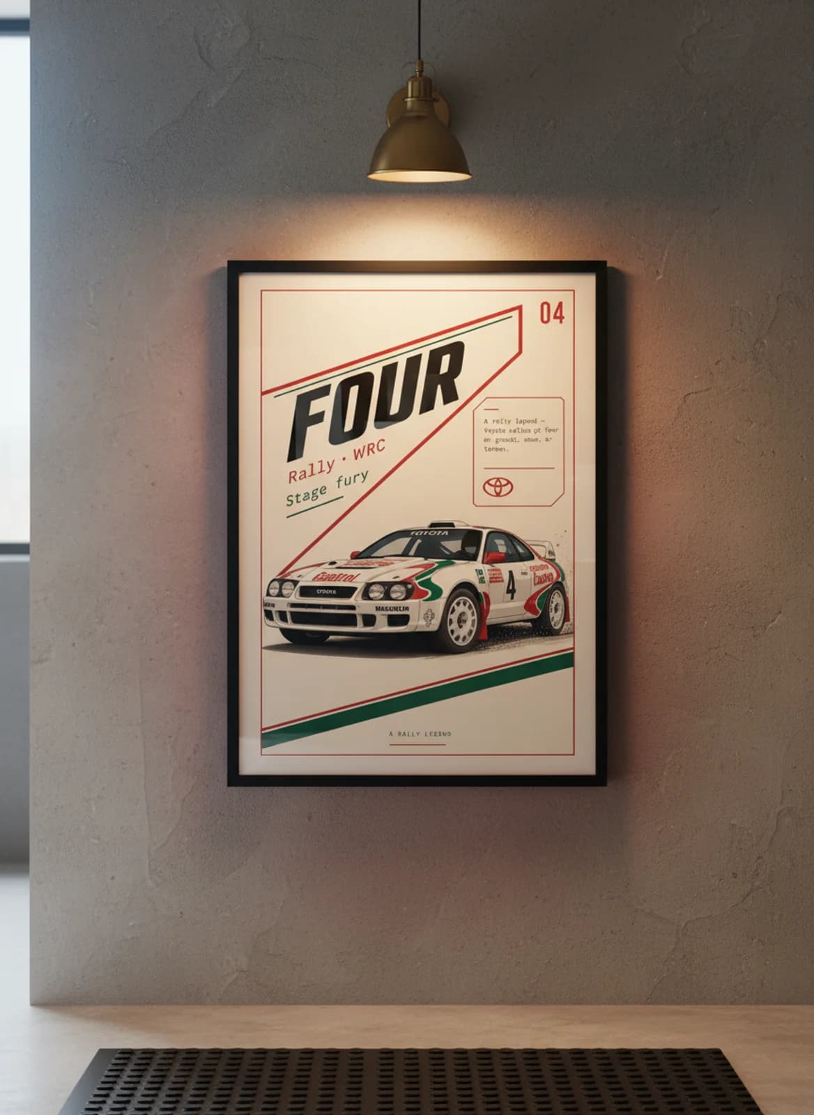Toyota Celica GT-Four Group B rally print in black A2 frame on warm-cream-newsprint warm-graphite wall — Group B WEC mockup