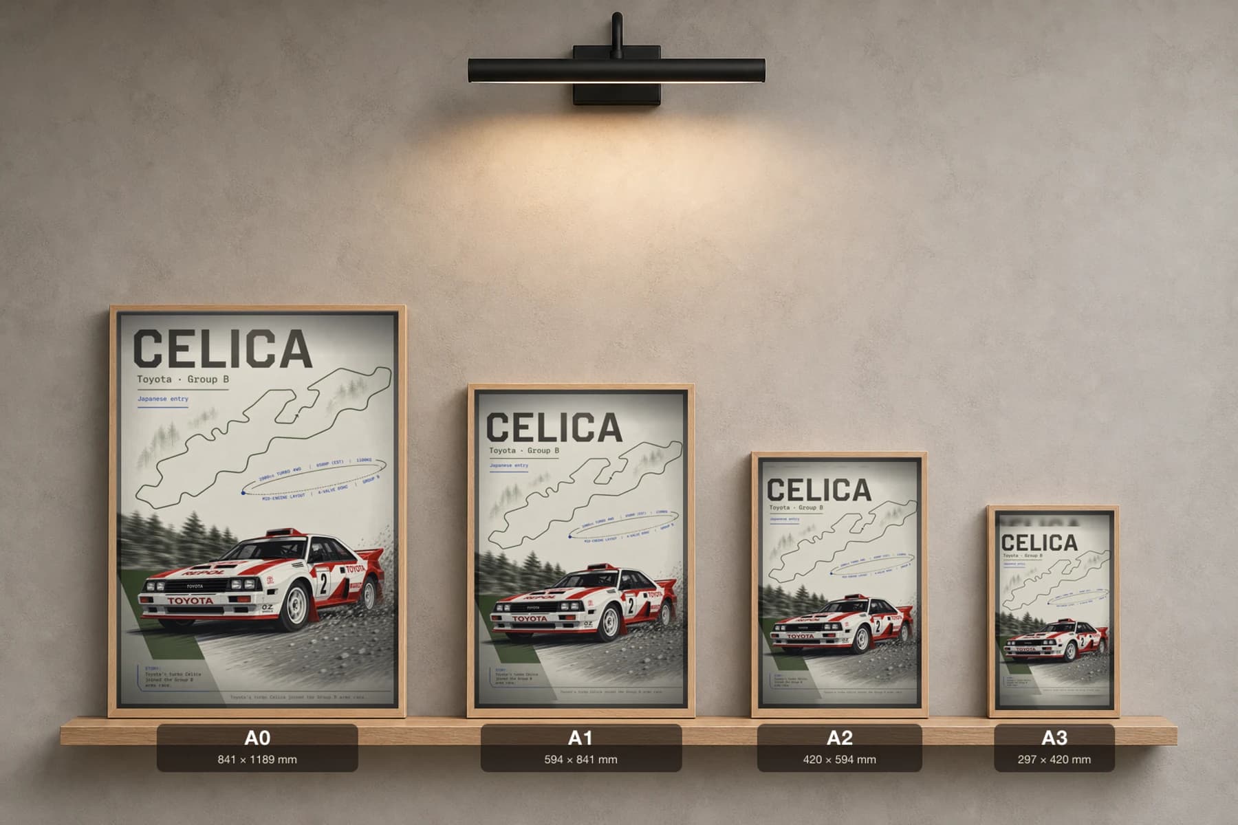 Toyota Celica Twin Cam Turbo Poster — 1985 Group B / WRC Rally Wall Art · framed A2 — print size guide showing the artwork at A0, A1, A2 and A3 in natural-oak frames at true relative scale