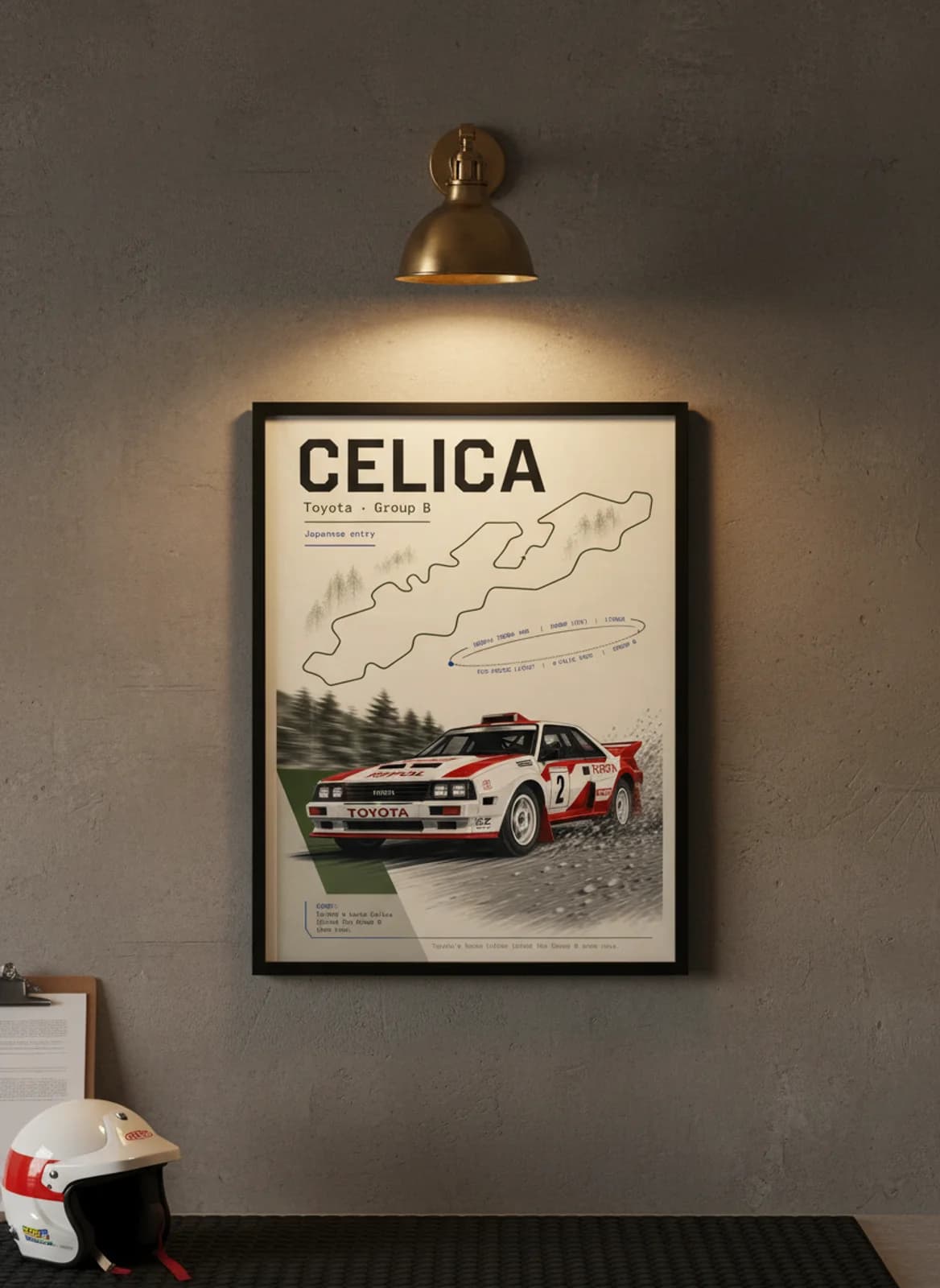 CELICA Group B rally print in black A2 frame on warm-off-white-newsprint warm-graphite wall — Group B WEC mockup