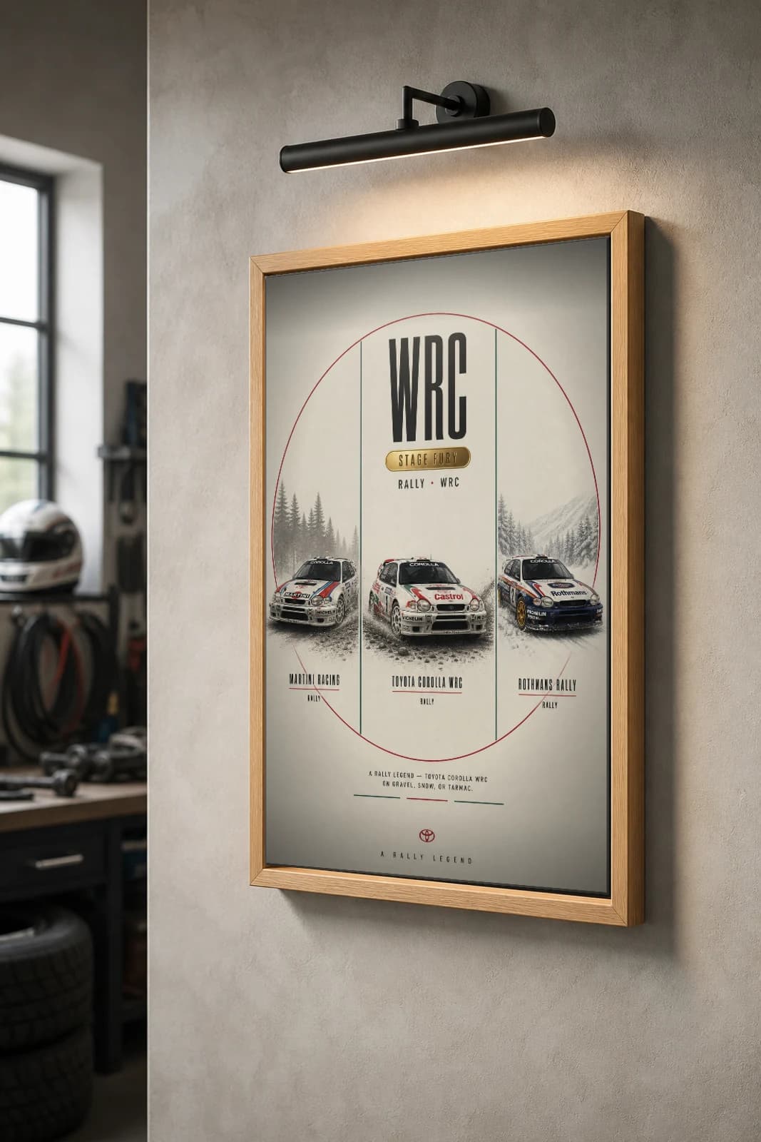 Toyota Corolla WRC Poster — 1999 Group B / WRC Rally Wall Art · framed A2 — the framed print shown at a three-quarter angle on a styled gallery wall in a natural-oak frame