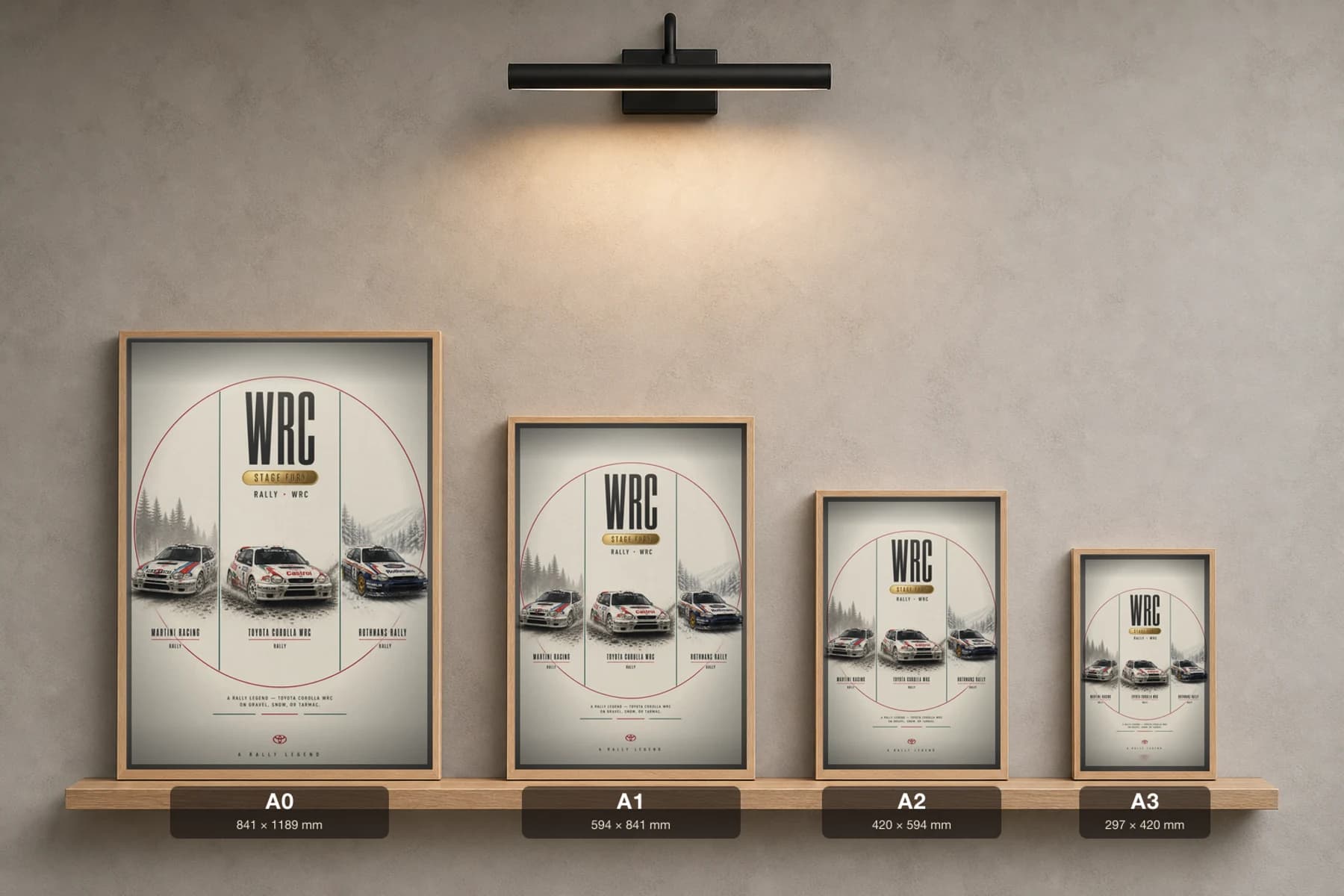 Toyota Corolla WRC Poster — 1999 Group B / WRC Rally Wall Art · framed A2 — print size guide showing the artwork at A0, A1, A2 and A3 in natural-oak frames at true relative scale