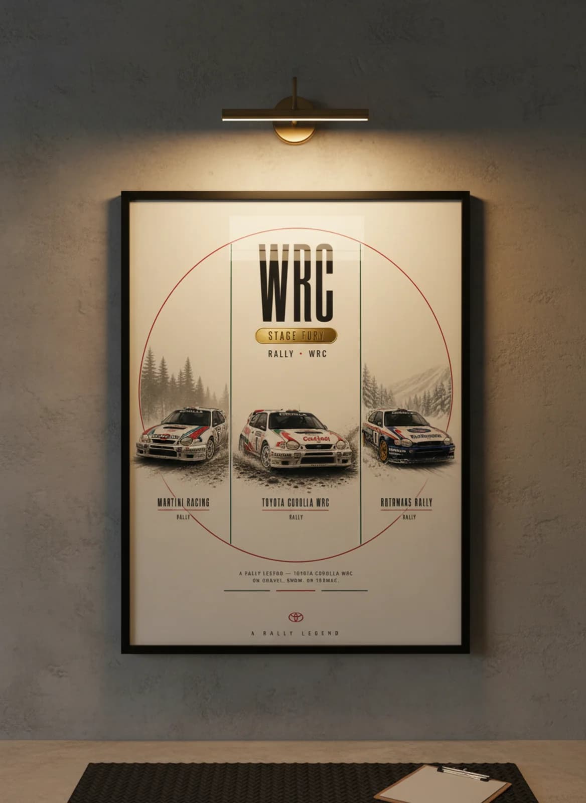 Toyota Corolla WRC Group B rally print in black A2 frame on warm-cream-newsprint warm-graphite wall — Group B WEC mockup